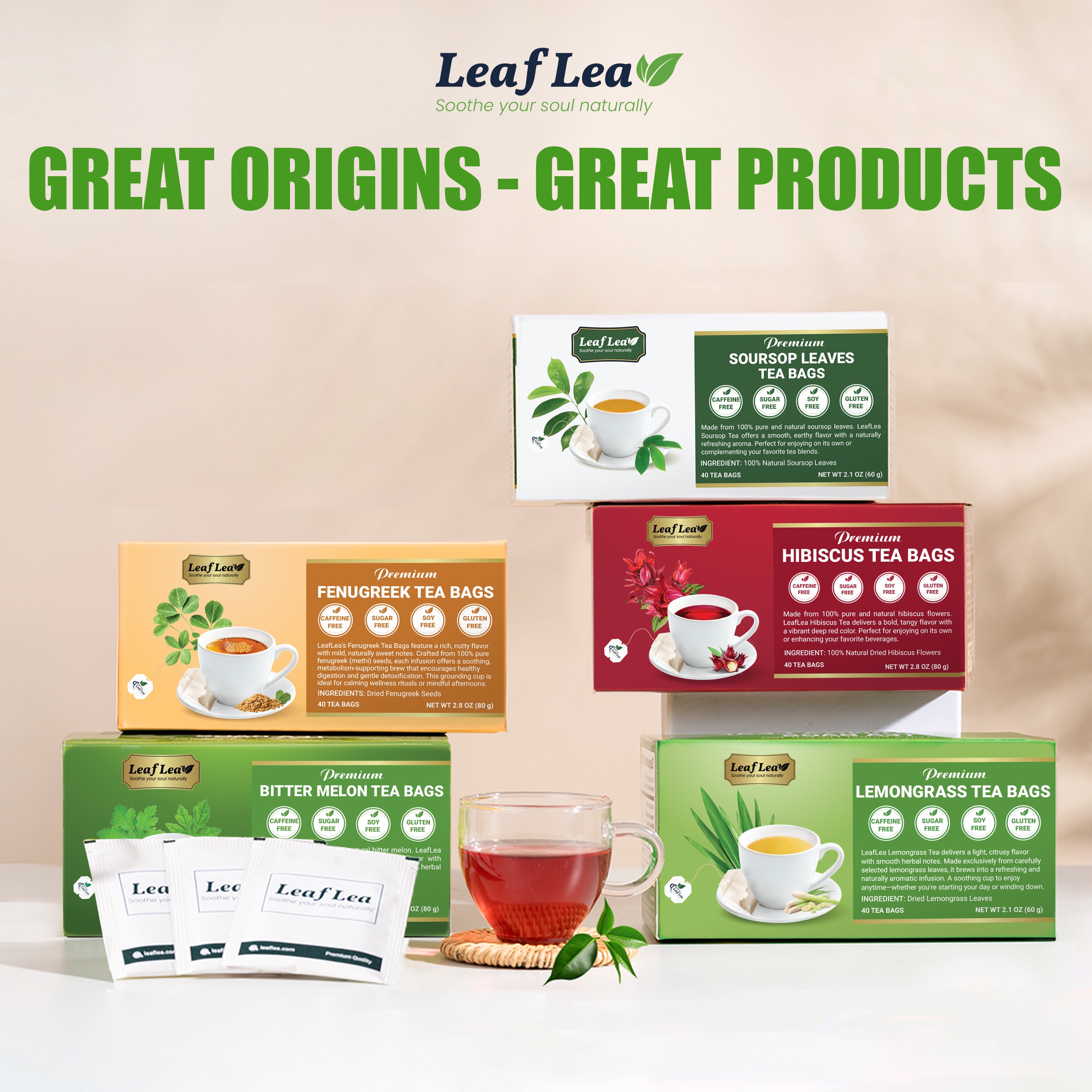 LeafLea 40 Natural Fenugreek Seed Tea Bags, 100% Pure from Fenugreek Seeds, Herbal Tea Infusion, Fenogreco Tea with Distinct Aroma and Smooth Flavor, Caffeine-Free