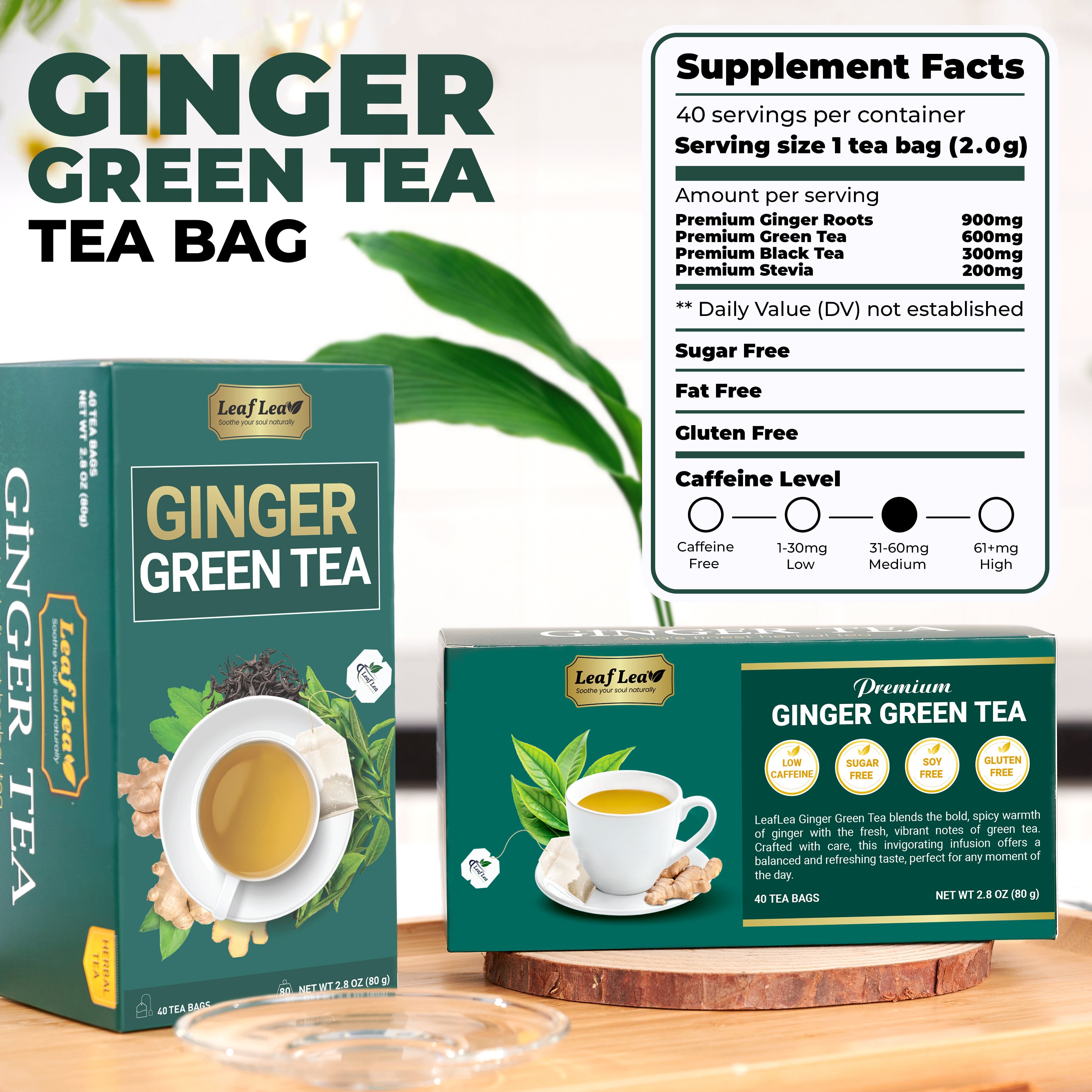 Ginger Green Tea Bags Blend Boosts Digestion & Immunity