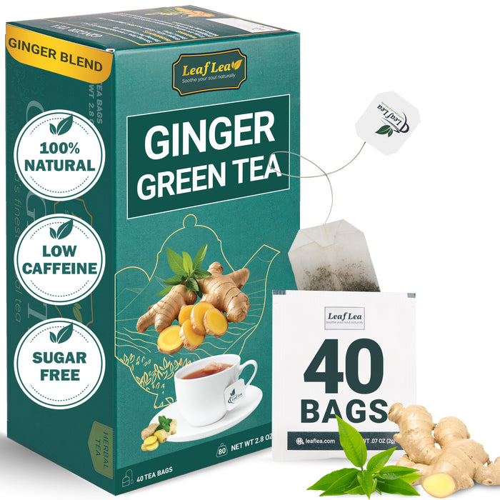 LeafLea Ginger Green Tea Bags Blend – Natural Green Tea with Ginger Root, Soothes Digestion & Boosts Immunity, Low Caffeine, Daily Wellness Tea