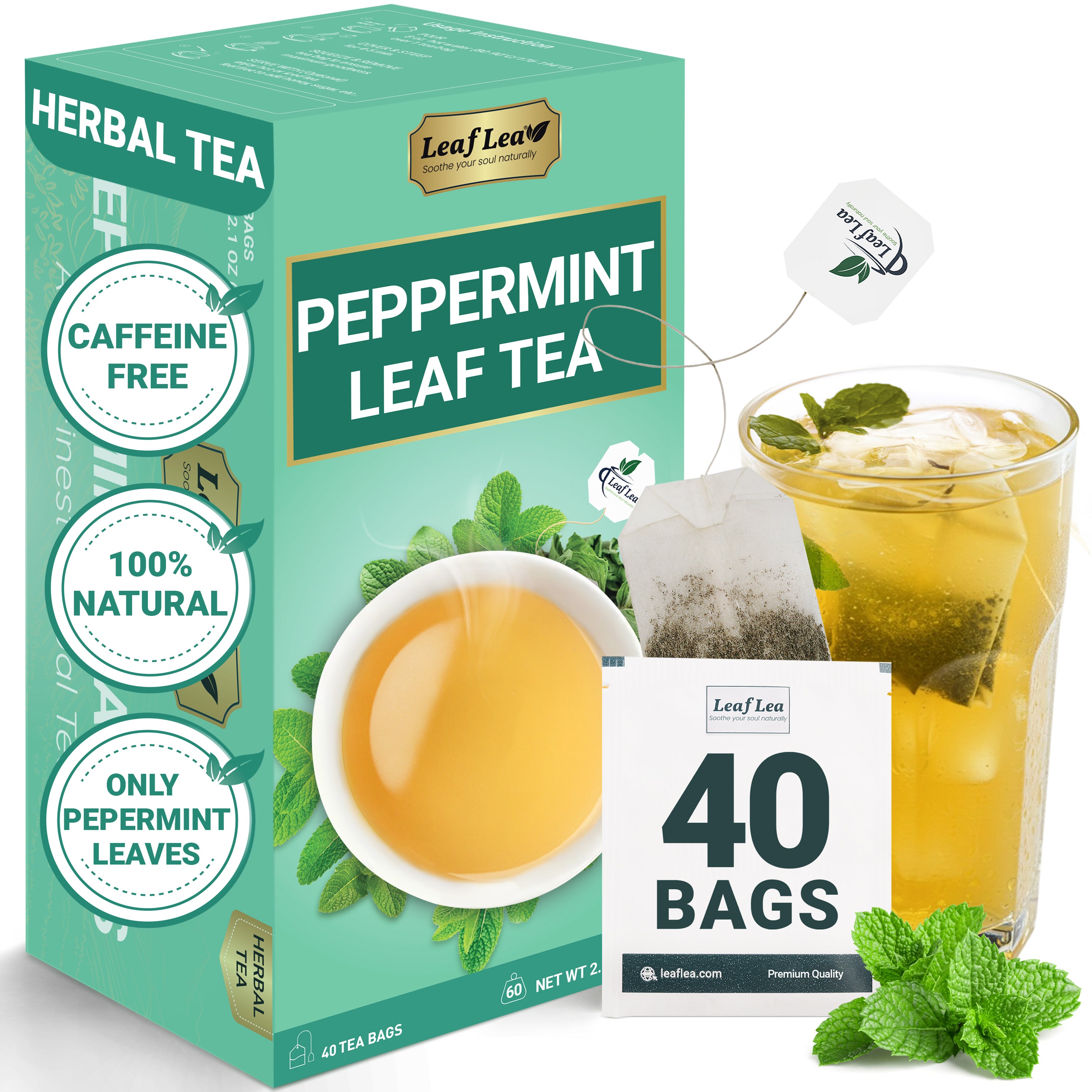 LeafLea 40 Peppermint Tea Bags, Natural Peppermint Leaf Herbal Tea with Cool Taste, Te De Menta for Gentle Digestive Support
