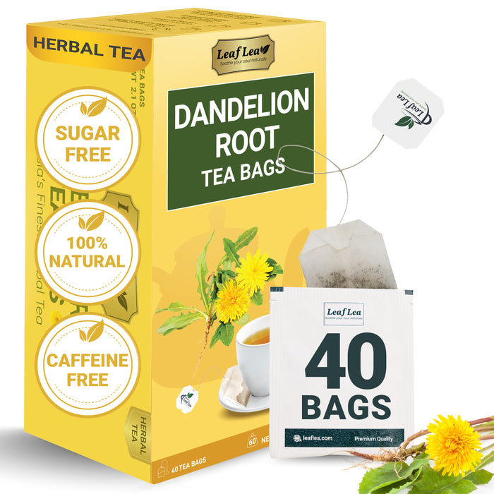 LeafLea 40 Dandelion Root Tea Bags, Dandelion Tea Supports Kidney & Liver Function, Promotes Digestion & Immune System, 100% Natural & Pure Dandelion Root Tea, Vegan, No Sugar, Caffeine-Free