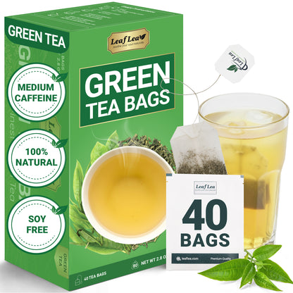 LeafLea Green Tea Bags, 100% Natural & Pure from Green Tea Leaves, Smooth & Refreshing, Everyday Wellness with Natural Caffeine Content