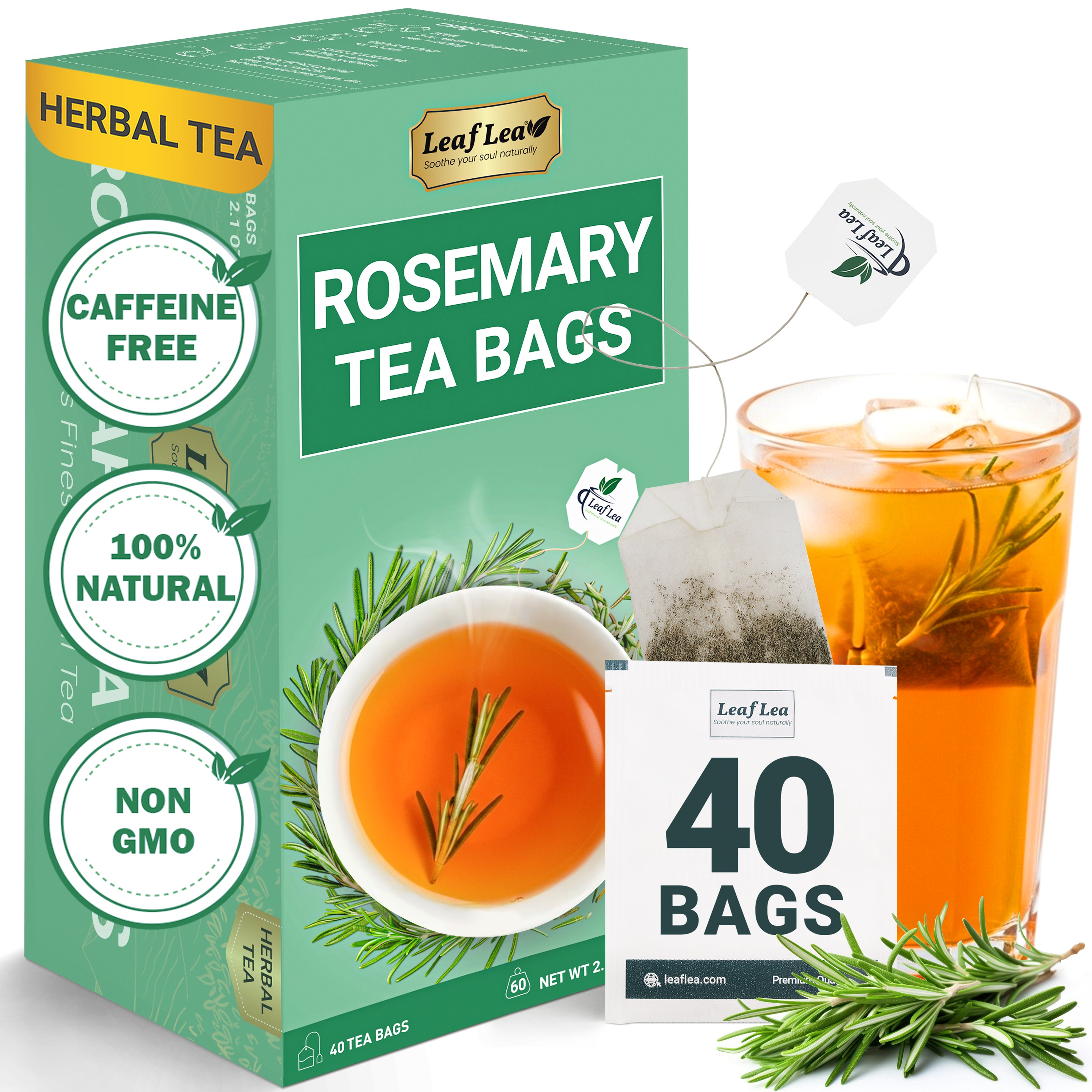 LeafLea Rosemary Tea Bags - Natural Rosemary Leaves, Te De Romero Earthy Taste & Light Aroma, Caffeine-Free, Sugar-Free