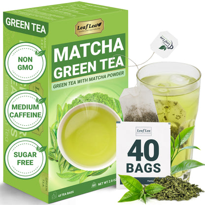 LeafLea Matcha Green Tea Bags, Individually Wrapped Green Tea Blended with Authentic Matcha, Smooth Umami Flavor for Focus & Vitality - Vegan, Sugar Free, Caffeinated, Zero Calories
