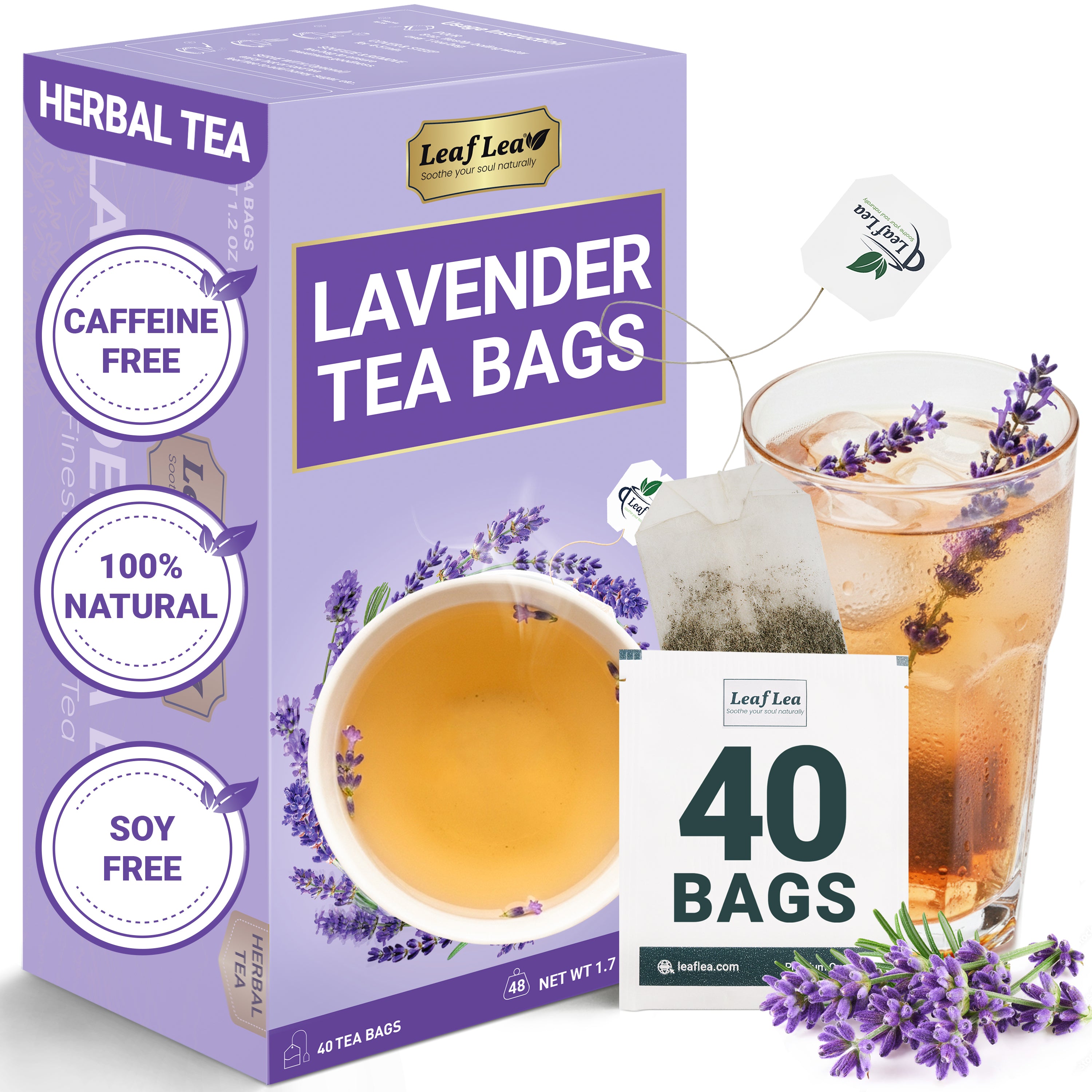 LeafLea 40 Premium Lavender Tea Bags, Natural Lavender Flowers, Lavendar Herbal Tea with Delicate Floral Aroma & Smooth Flavor, Relaxing Evening Infusion, No Caffeine