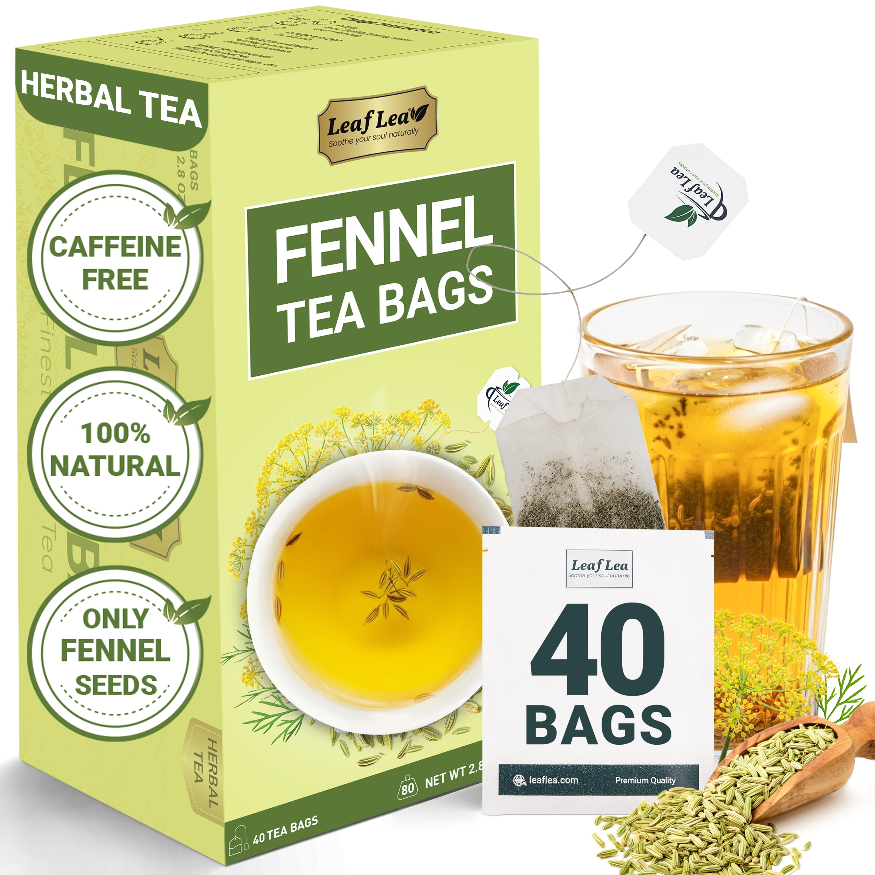 LeafLea 40 Fennel Tea Bags, 100% Natural & Pure Fennel Seed Tea, Te De Hinojo for Gentle Digestion & Fresh Breath
