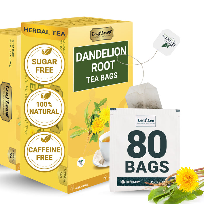 LeafLea Dandelion Tea Bags, All Natural and Pure Dandelion Root Tea, Supports Digestion & Immune Health, Caffeine-Free, Vegan, No Sugar, Gluten-Free, Non-GMO, 80 Individually Wrapped Tea Bags