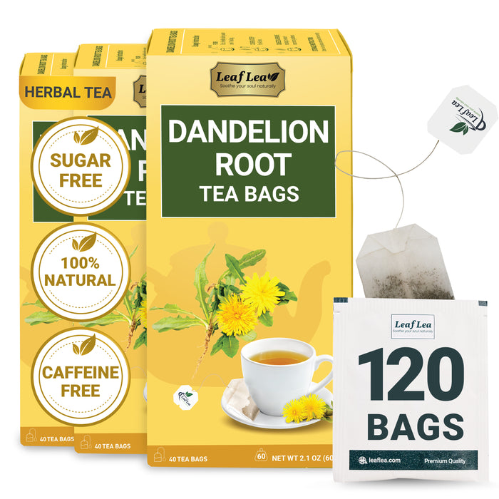 LeafLea Dandelion Root Tea Bags, Dandelion Tea Promotes Healthy Digestion & Immune Function, 100% Natural and Pure from Dandelion Root Herbal Tea, Caffeine-Free, Sugar-Free, Vegan, 120 Tea Bags