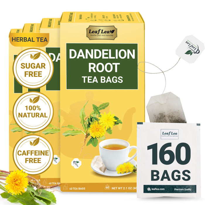 LeafLea Dandelion Root Tea Bags, 160 Dandelion Tea Bags Promotes Healthy Digestion & Immune Function, Herbal Tea from Pure Roasted Dandelion Root, Caffeine-Free, Vegan, Gluten-Free, No Sugar, 4 Pack