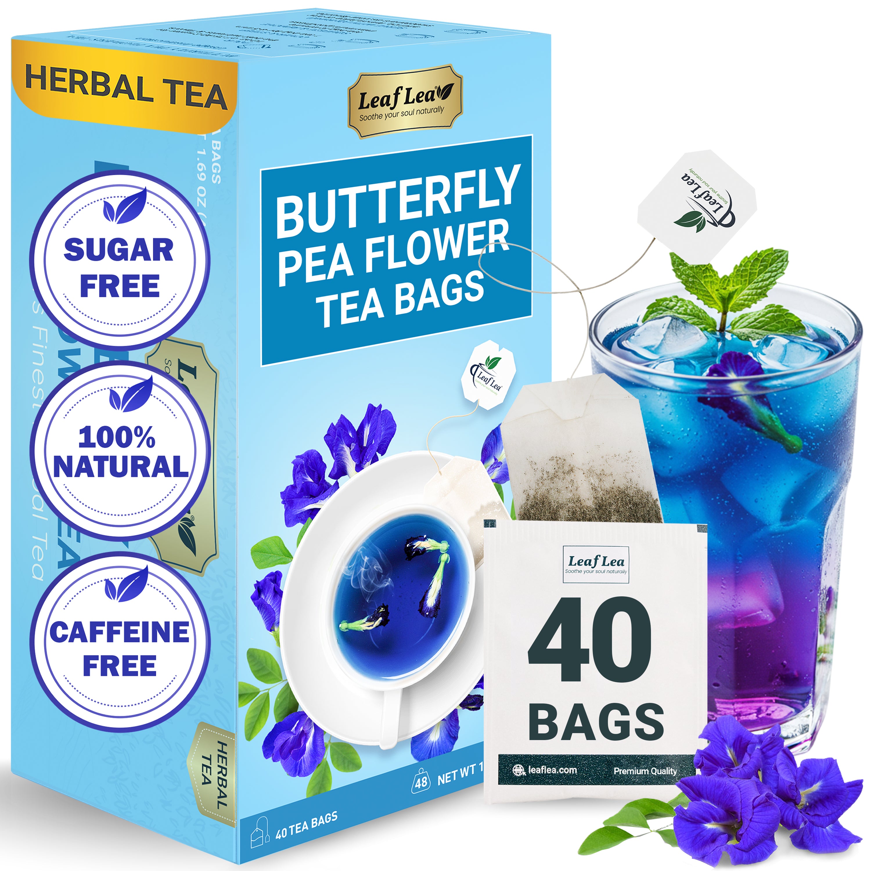 Butterfly Pea Flower Tea Bags for Mocktails & Natural Food Coloring
