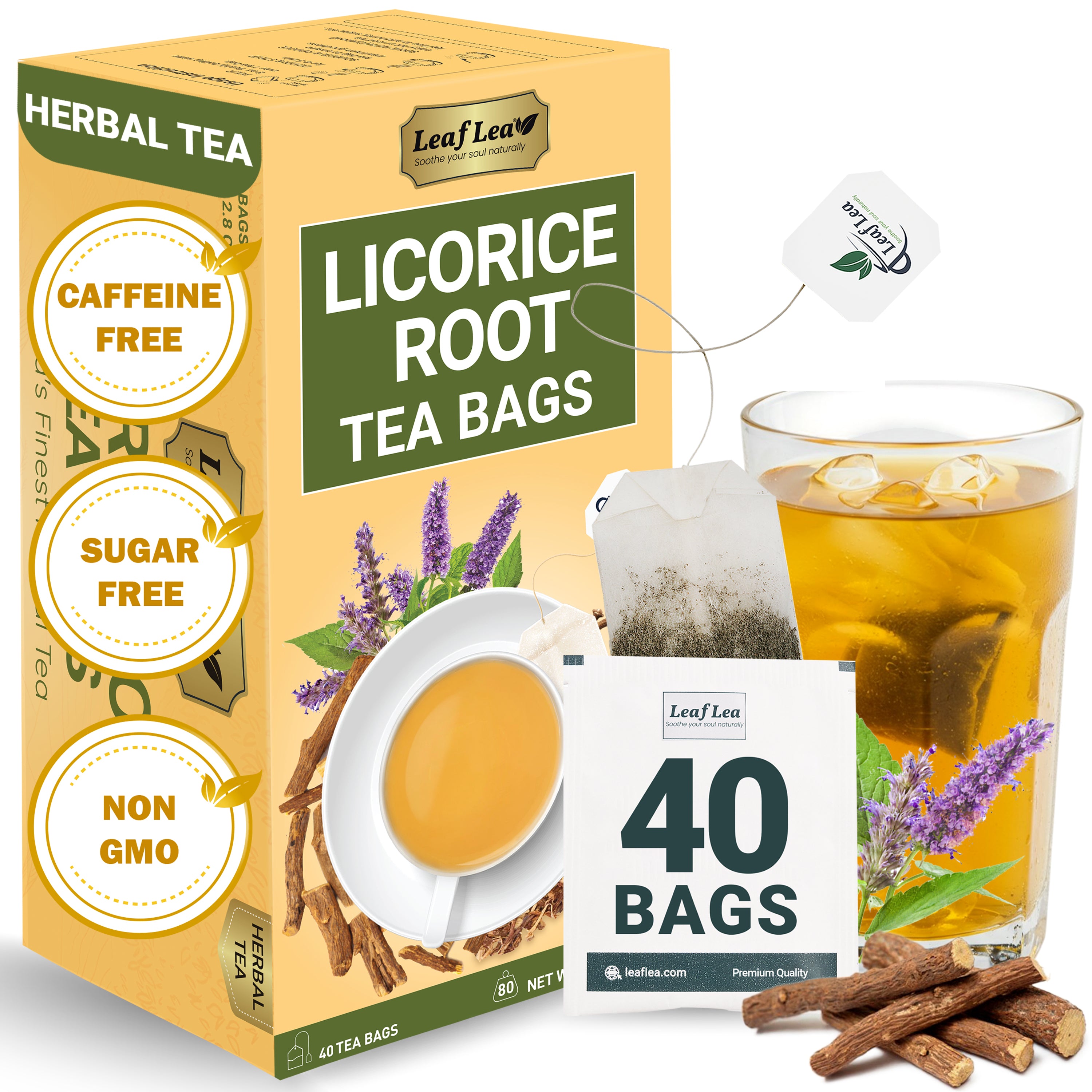 LeafLea Licorice Root Tea Bags - Pure Licorice Spice Tea, Herbal Infusion, Te De Regaliz, Caffeine-Free, Sugar-Free