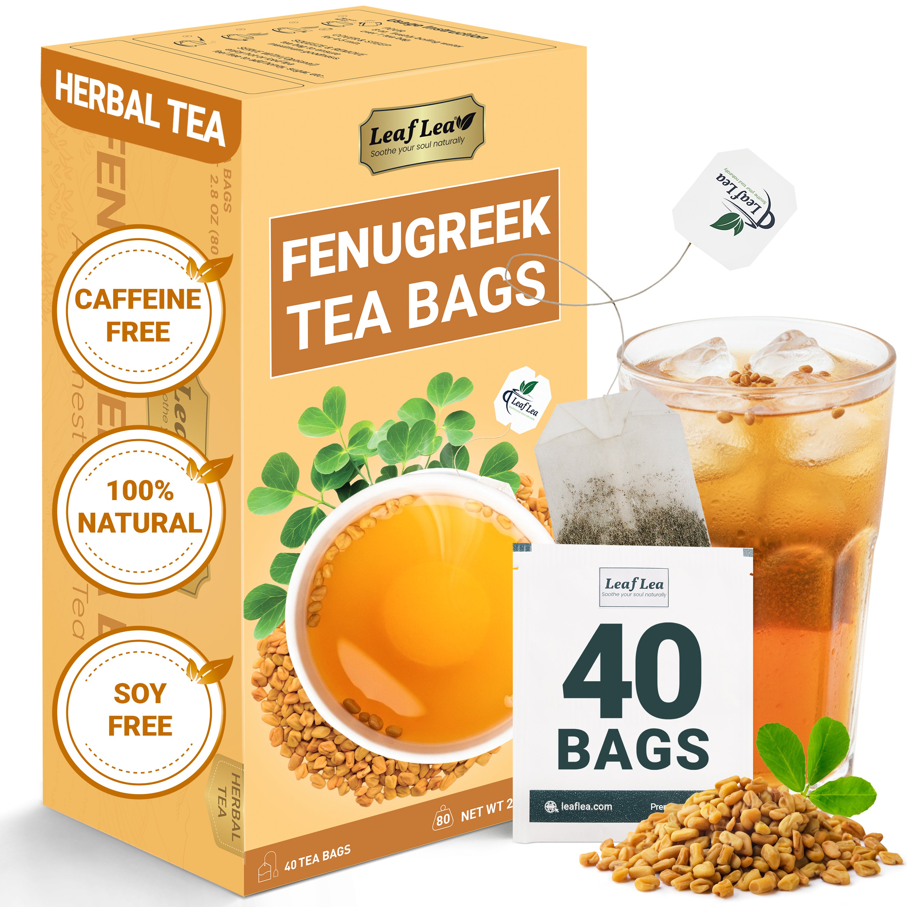 LeafLea 40 Natural Fenugreek Seed Tea Bags, 100% Pure from Fenugreek Seeds, Herbal Tea Infusion, Fenogreco Tea with Distinct Aroma and Smooth Flavor, Caffeine-Free