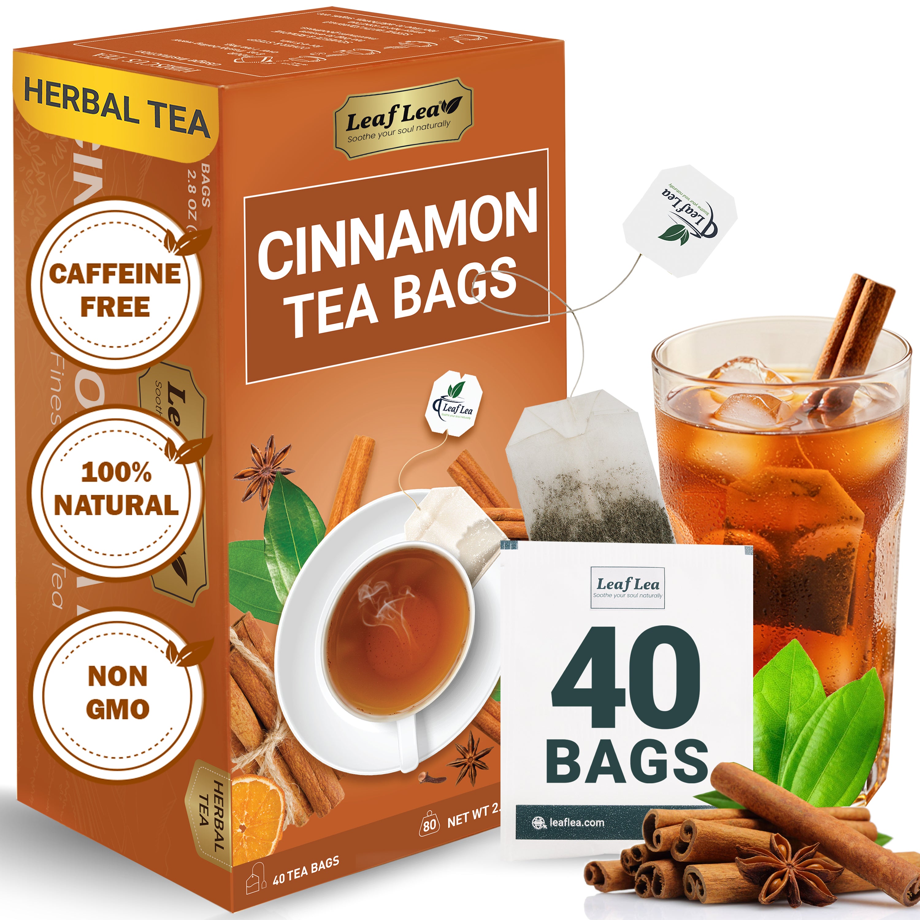 LeafLea 40 Cinnamon Tea Bags - Hot Spiced Cinnamon Tea Bags for Relaxation