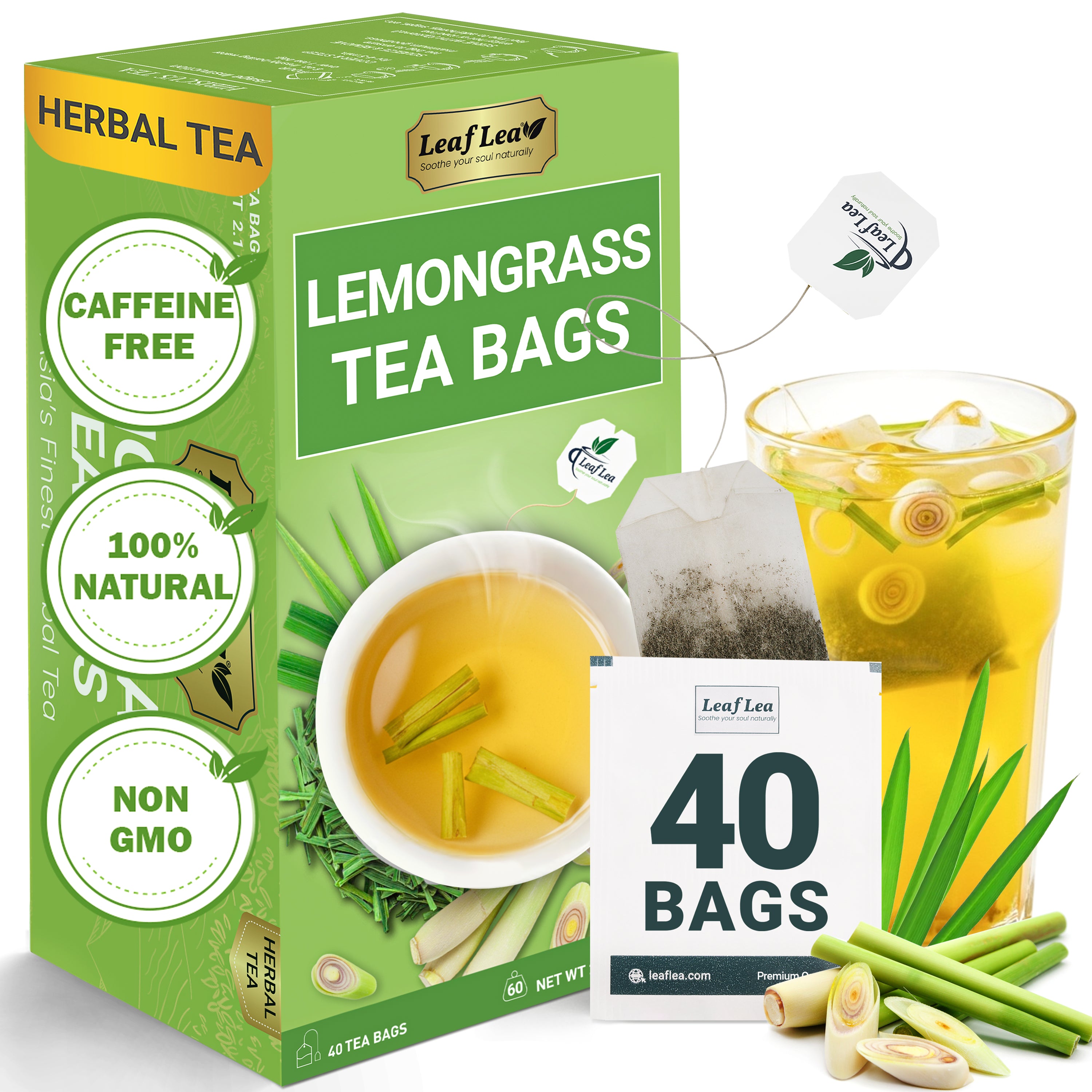 LeafLea Lemongrass Tea Bags, Natural Lemongrass Tea, Te Limon Grass, Taste & Light Aroma, Caffeine-Free, Sugar-Free
