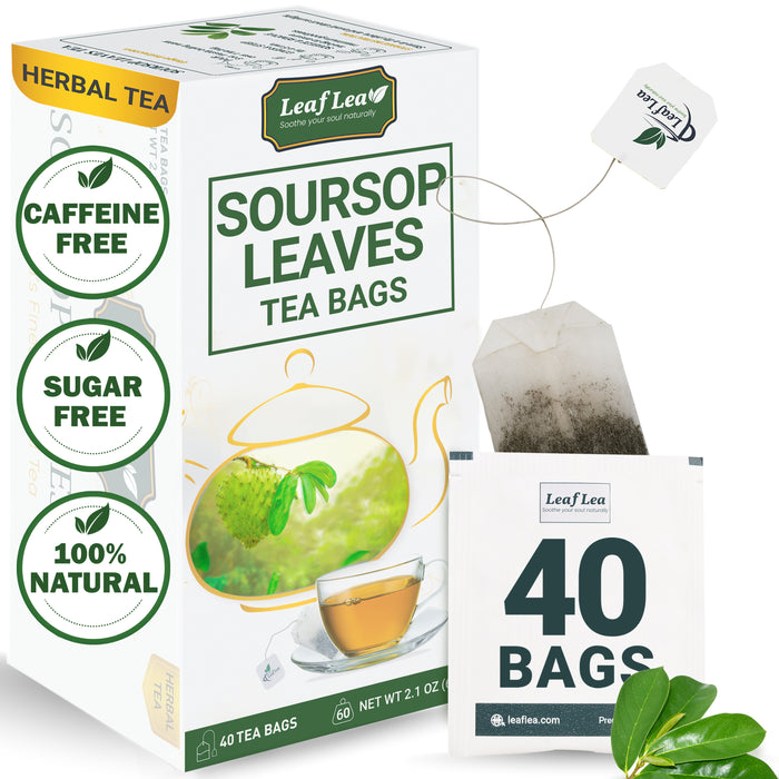 LeafLea Premium Soursop Leaf Tea Bags – Pure & Natural Graviola Tea, Hoja Guanabana Herbal Tea for Digestion Support, Nutrient-Rich, No Sugar, Caffeine-Free (40 Tea Bags)