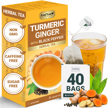 LeafLea Turmeric Ginger with Black Pepper Tea Bags, Individually Wrapped for Freshness, Natural Herbal Blend for Immunity, Joint & Digestion, Caffeine Free, Vegan, No Sugar