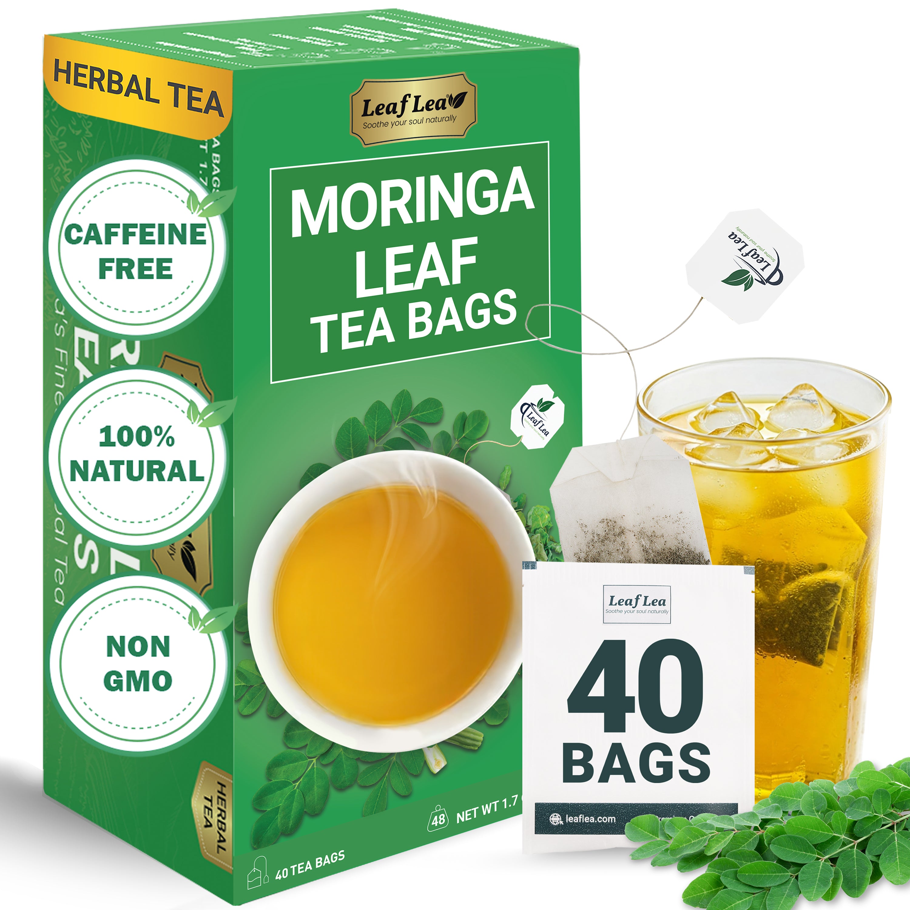 LeafLea 40 Moringa Tea Bags - Supports Digestion & Immune Health Caffeine-Free