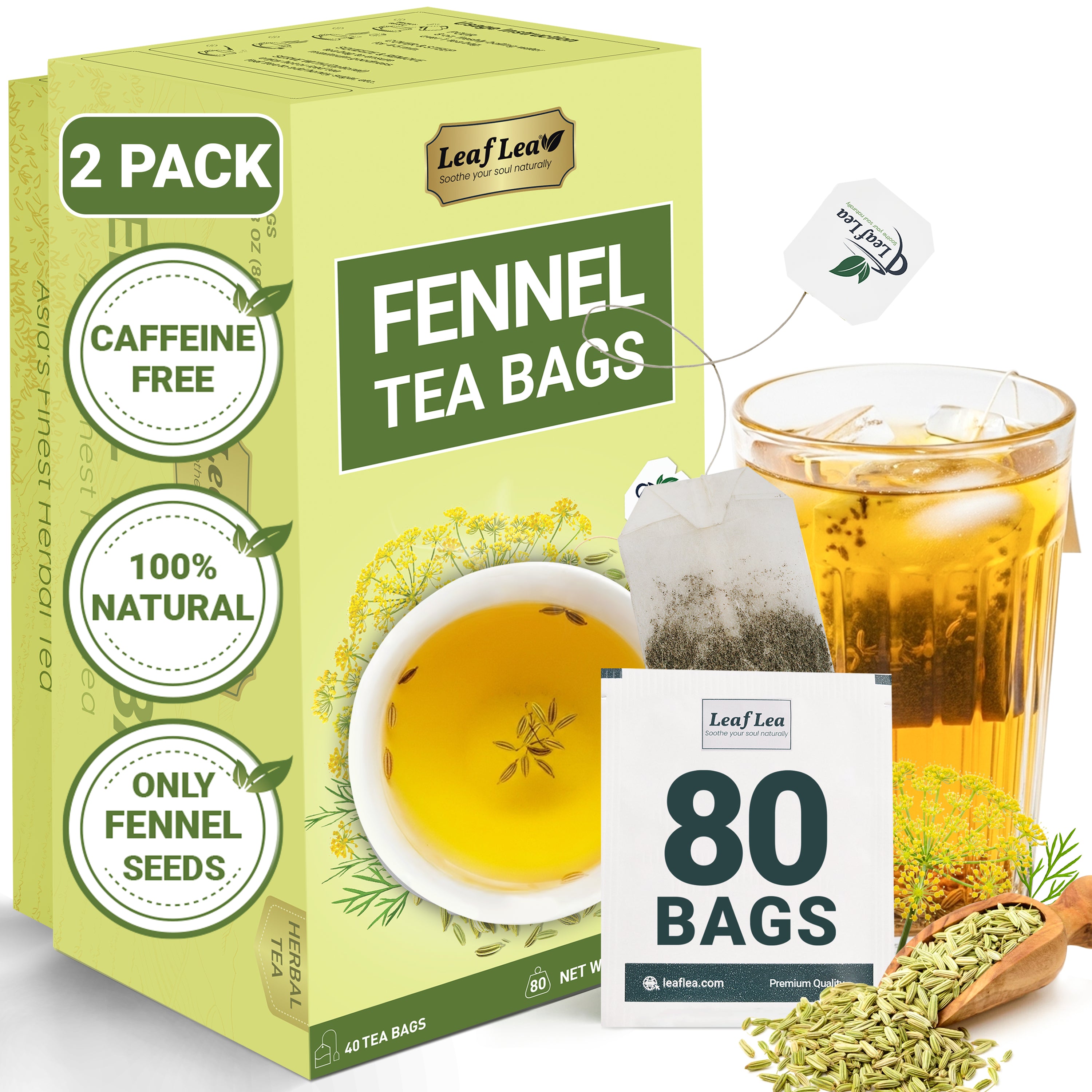 LeafLea 40 Fennel Tea Bags, 100% Natural & Pure Fennel Seed Tea, Te De Hinojo for Gentle Digestion & Fresh Breath