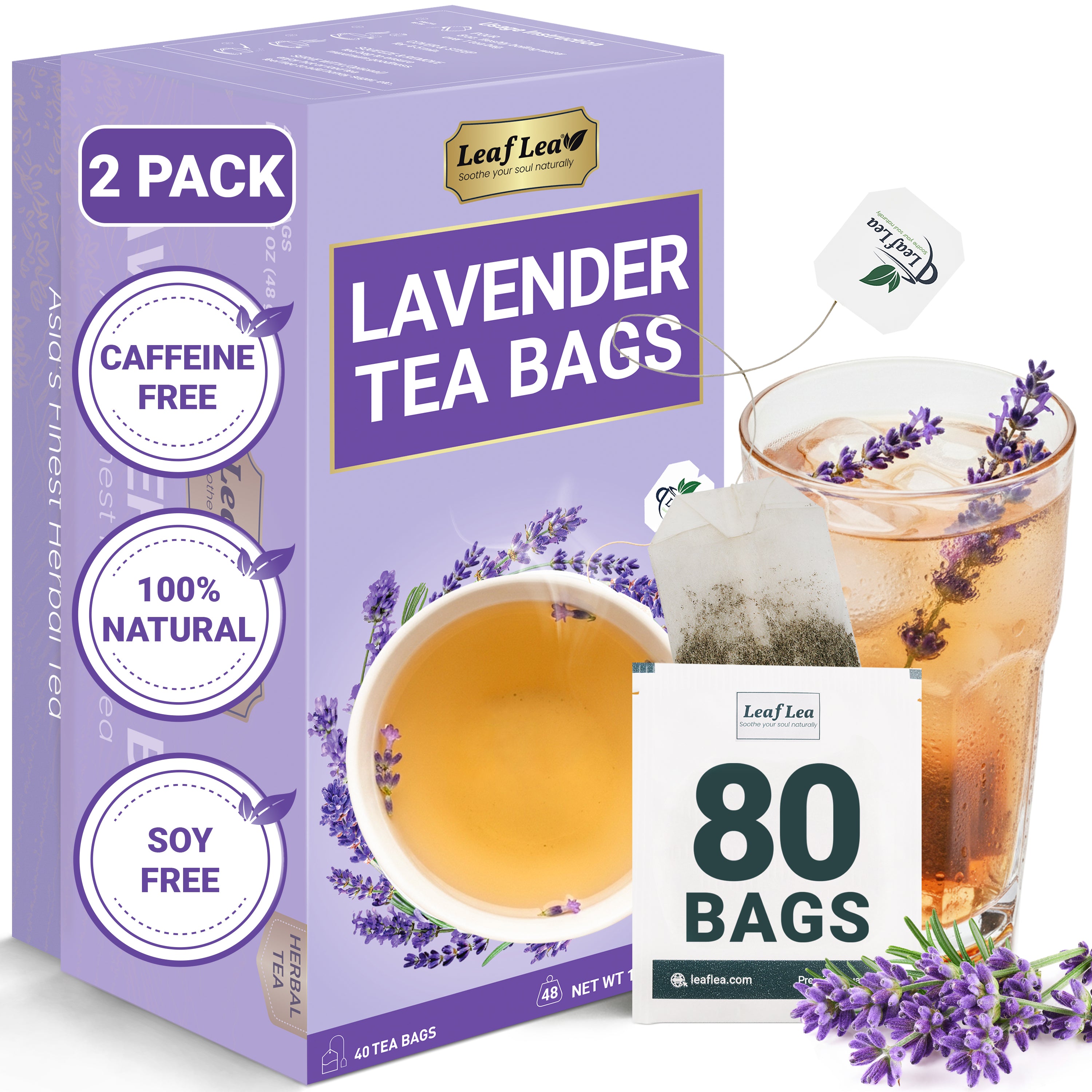 LeafLea 40 Premium Lavender Tea Bags, Natural Lavender Flowers, Lavendar Herbal Tea with Delicate Floral Aroma & Smooth Flavor, Relaxing Evening Infusion, No Caffeine
