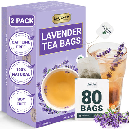LeafLea 40 Premium Lavender Tea Bags, Natural Lavender Flowers, Lavendar Herbal Tea with Delicate Floral Aroma & Smooth Flavor, Relaxing Evening Infusion, No Caffeine