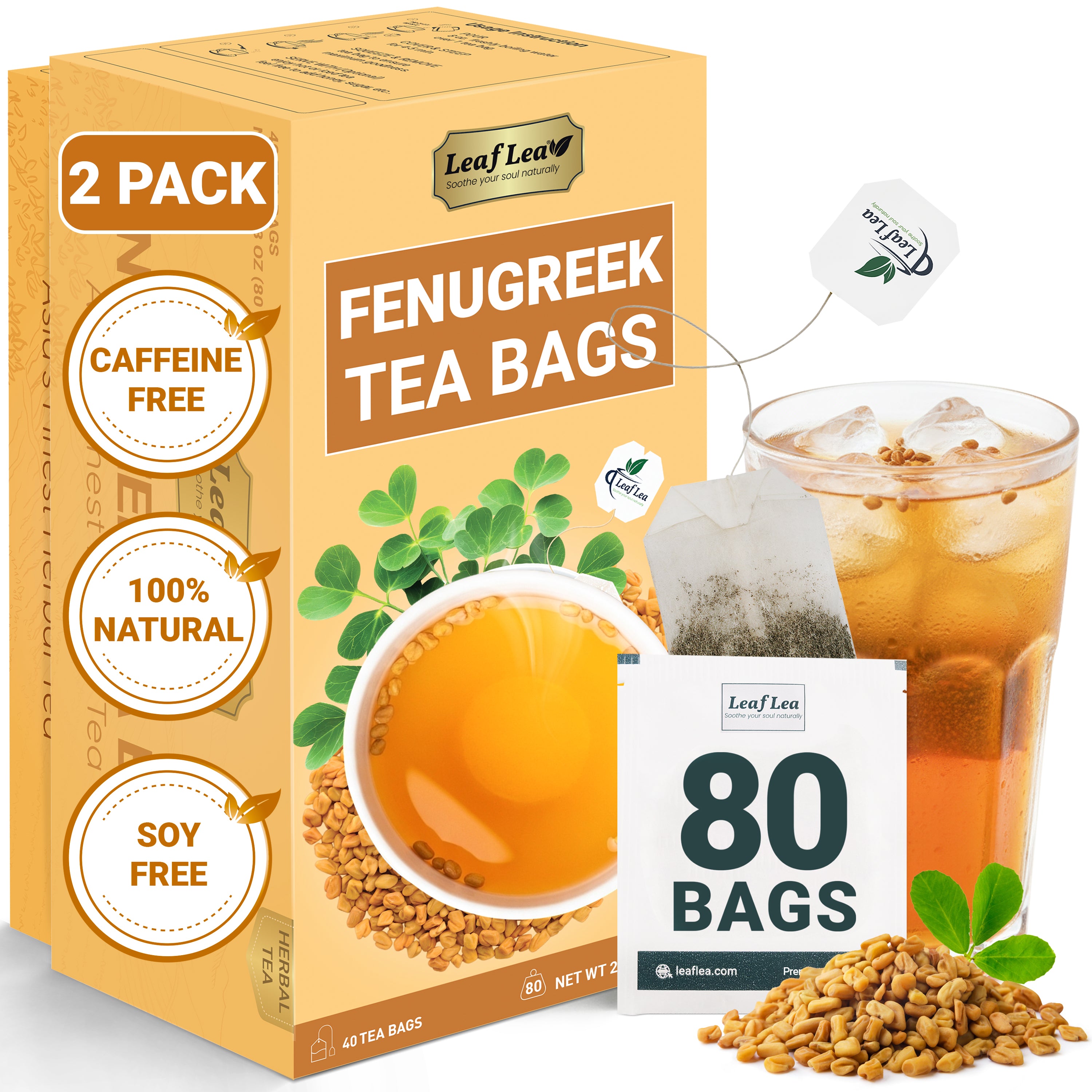 LeafLea 40 Natural Fenugreek Seed Tea Bags, 100% Pure from Fenugreek Seeds, Herbal Tea Infusion, Fenogreco Tea with Distinct Aroma and Smooth Flavor, Caffeine-Free