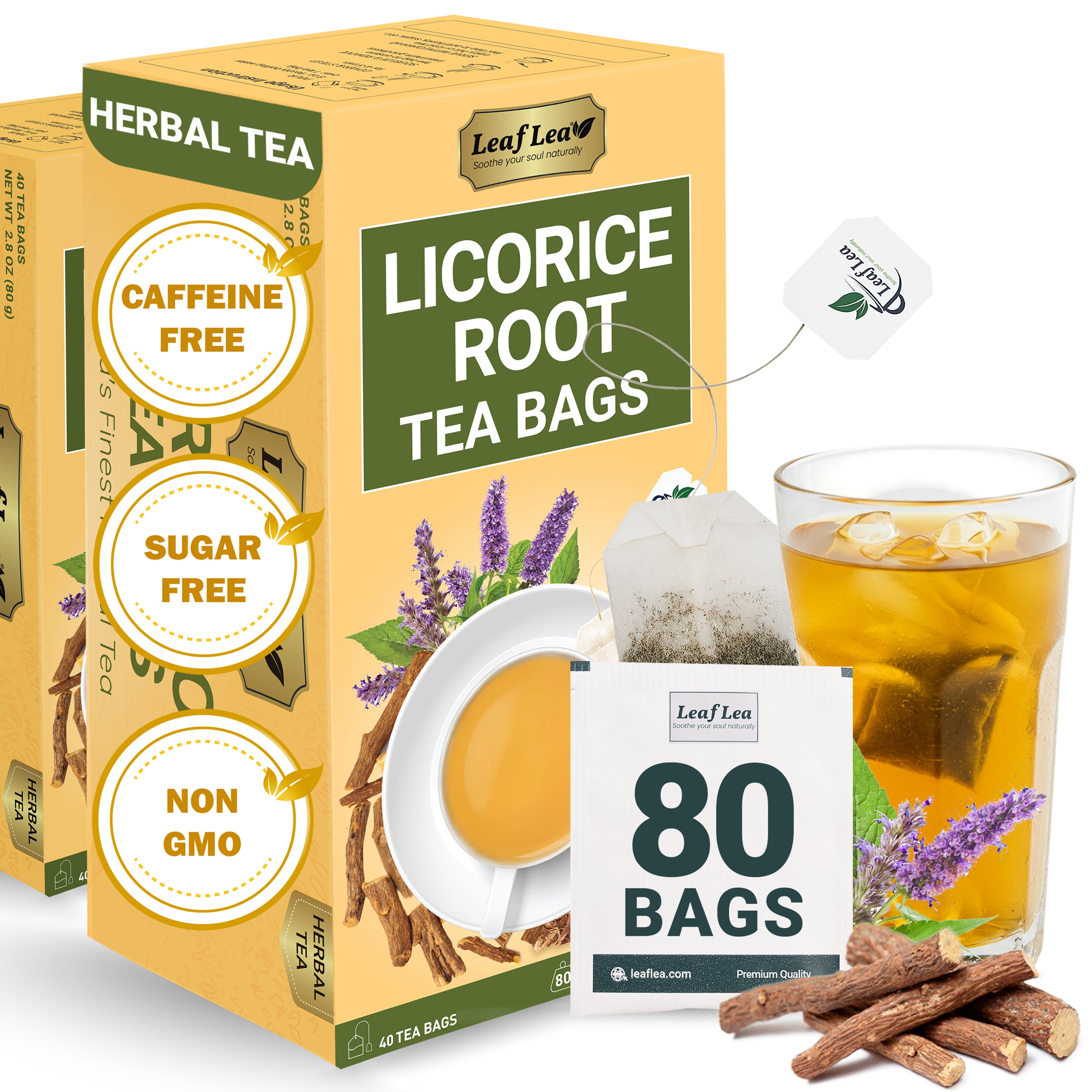 LeafLea Licorice Root Tea Bags - Pure Licorice Spice Tea, Herbal Infusion, Te De Regaliz, Caffeine-Free, Sugar-Free