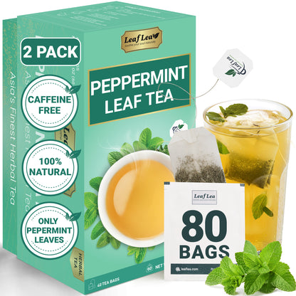 LeafLea 40 Peppermint Tea Bags, Natural Peppermint Leaf Herbal Tea with Cool Taste, Te De Menta for Gentle Digestive Support