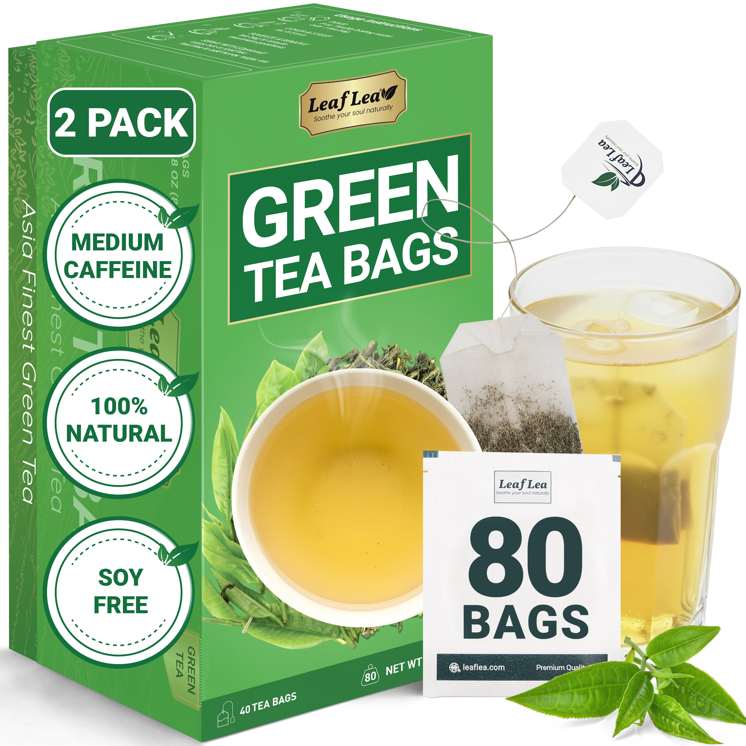 LeafLea Green Tea Bags, 100% Natural & Pure from Green Tea Leaves, Smooth & Refreshing, Everyday Wellness with Natural Caffeine Content