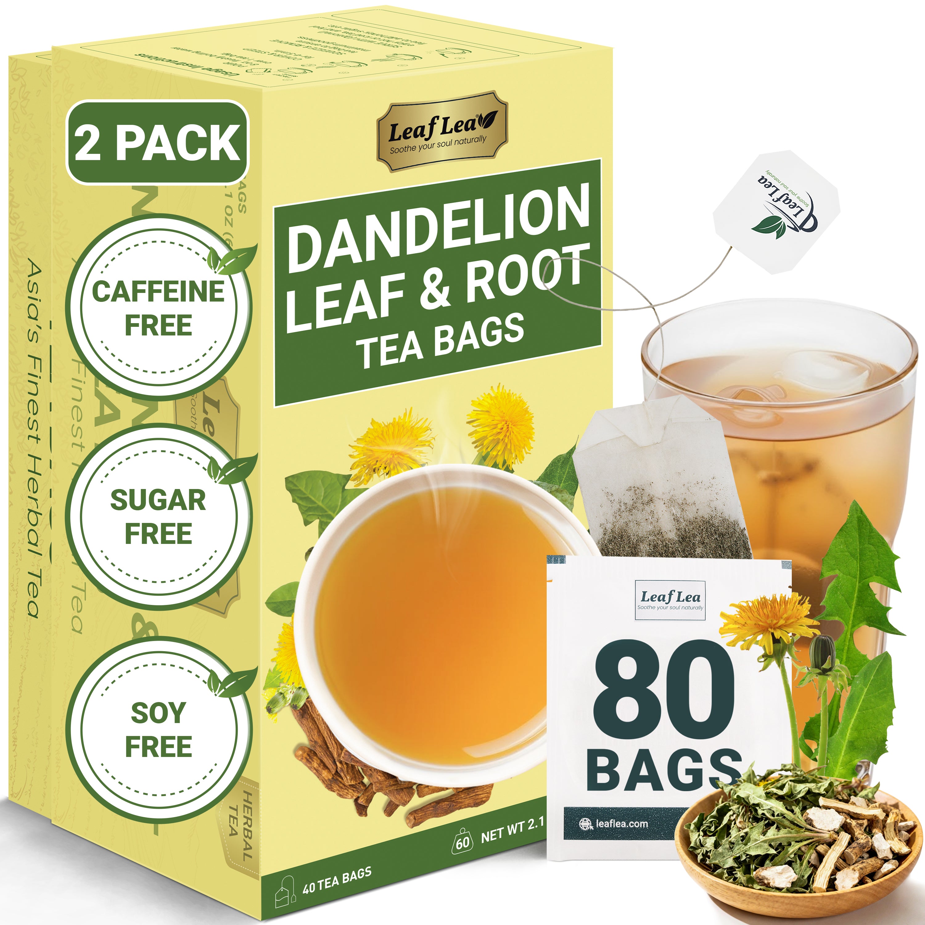 LeafLea Dandelion Root and Leaf Tea Bags, Roasted Dandelion Root Tea Blend, Natural Herbal Tea for Digestion & Wellness