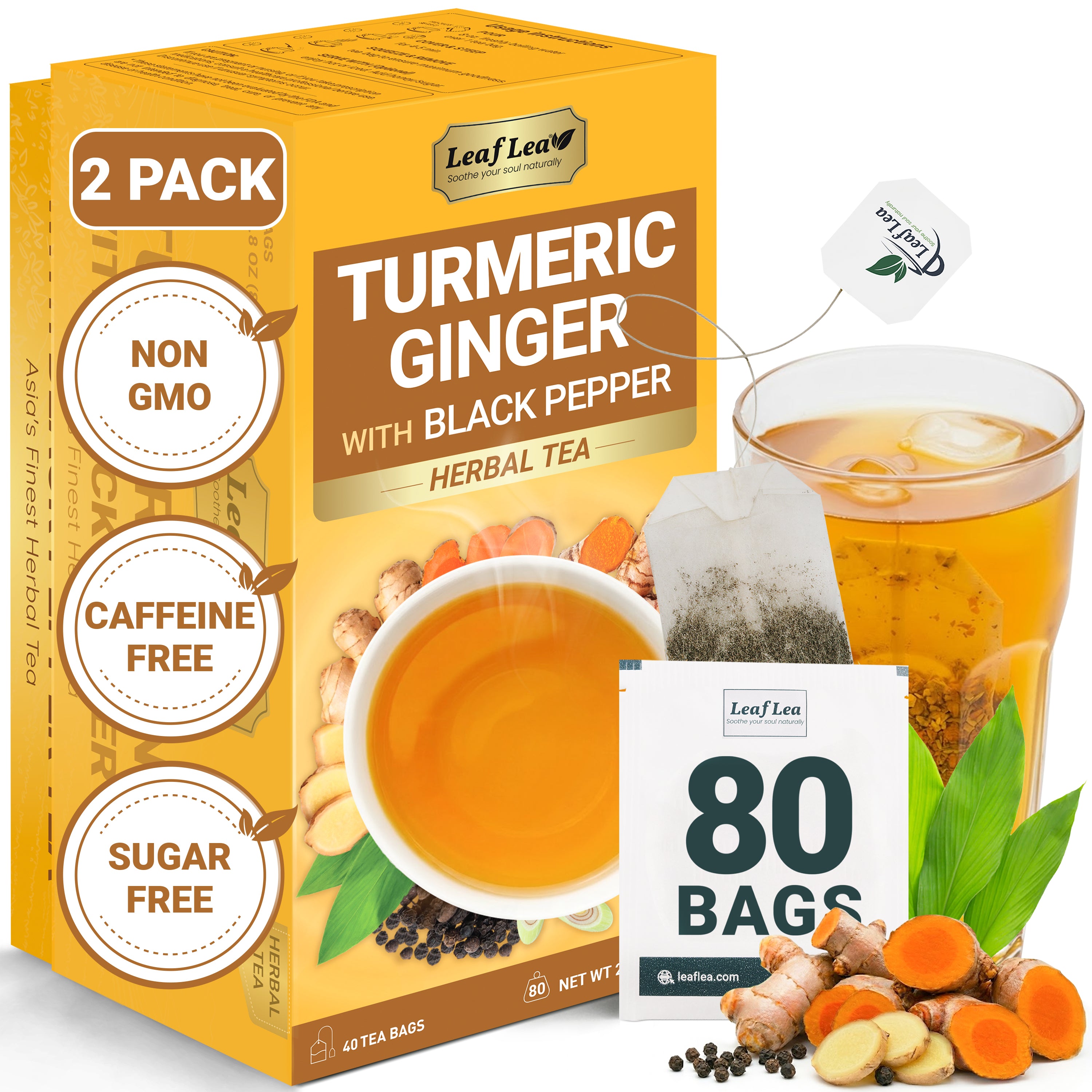 LeafLea Turmeric Ginger with Black Pepper Tea Bags, Individually Wrapped for Freshness, Natural Herbal Blend for Immunity, Joint & Digestion, Caffeine Free, Vegan, No Sugar
