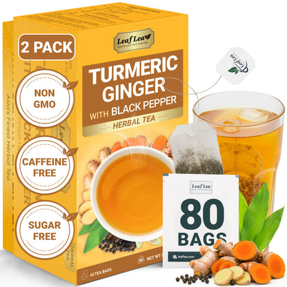 LeafLea Turmeric Ginger with Black Pepper Tea Bags, Individually Wrapped for Freshness, Natural Herbal Blend for Immunity, Joint & Digestion, Caffeine Free, Vegan, No Sugar