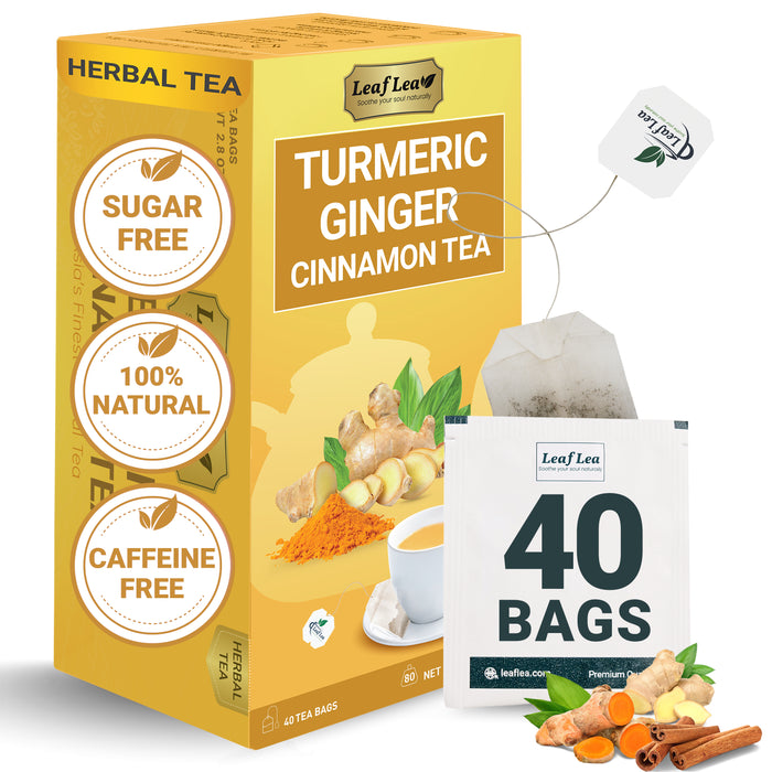 LeafLea 40 Premium Ginger Turmeric Tea Bags, Supports Immune Health, Aids Digestion, 100% Natural Turmeric and Ginger Herbal Blend with Cinnamon, No Sugar, Caffeine-Free, Non-GMO