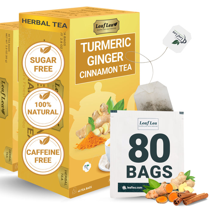 LeafLea Turmeric Tea with Ginger and Cinnamon, 80 Premium Turmeric Ginger Tea Bags, Supports Immune Health & Digestion, 100% Natural & Pure Turmeric Blend Herbal Tea, Caffeine-Free, No Sugar, Vegan