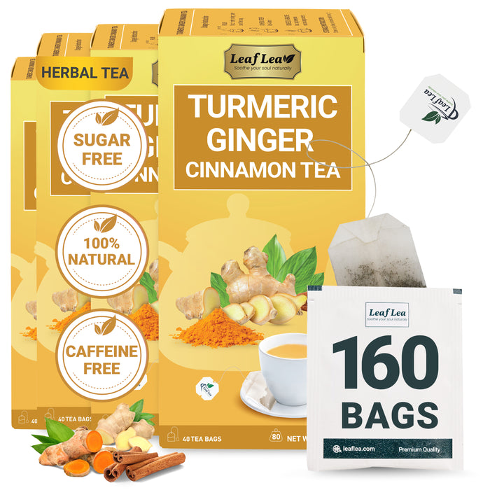 LeafLea 160 Ginger Turmeric Tea Bags, 100% Natural & Pure Herbal Tea Blend of Turmeric Ginger Tea with Cinnamon, Turmeric Tea Supports Digestion & Immunity, Caffeine-Free, No Sugar, Non-GMO