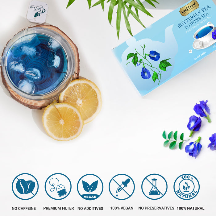 LeafLea Blue Butterfly Pea Flower Tea Bags – Herbal Blue Pea Tea for Relaxation, Mocktails & Natural Food Coloring, Caffeine-Free, Sugar-Free (40 Bags)