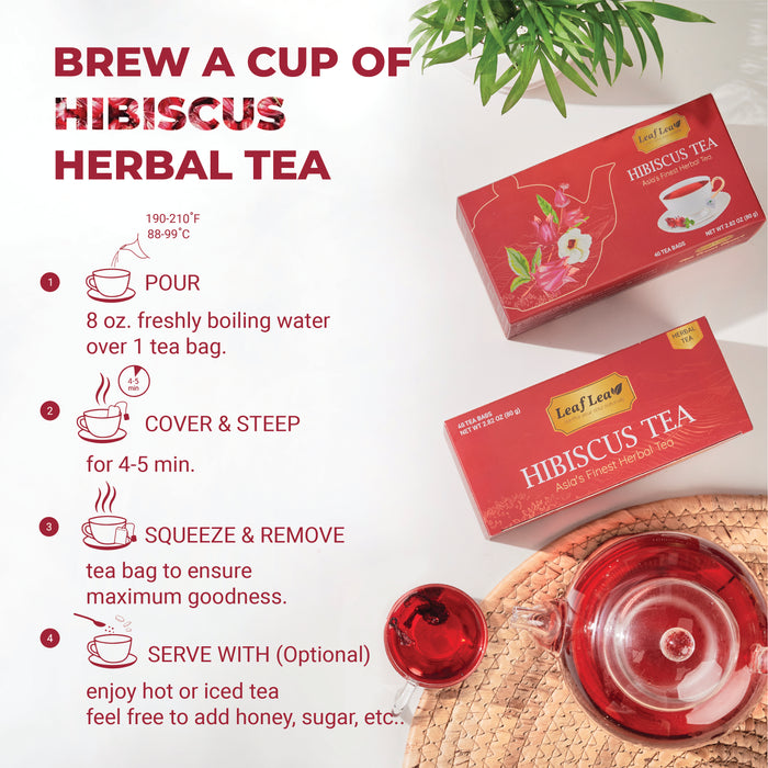 LeafLea Hibiscus Tea Bags – 80 Premium Hibiscus Flower Tea Bags (Pack of 2), Supports Heart Health & Immunity, Rich in Antioxidants & Vitamin C, Caffeine-Free, Sugar-Free Beverage