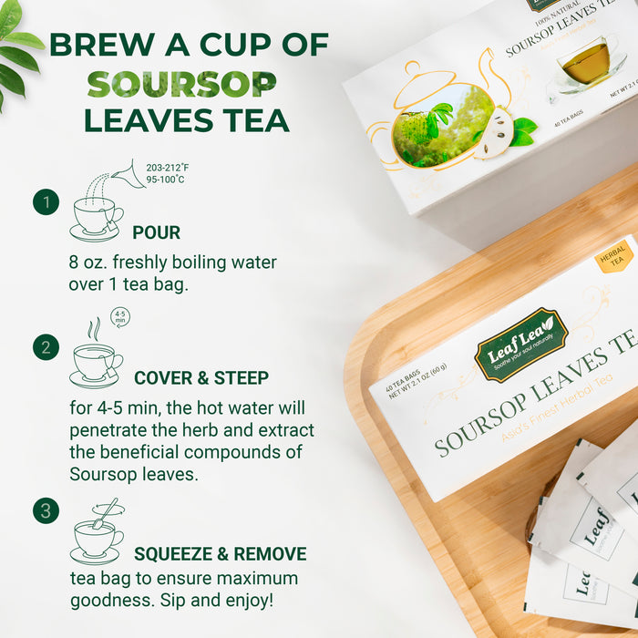 LeafLea Premium Soursop Leaf Tea Bags – Pure & Natural Graviola Tea, Hoja Guanabana Herbal Tea for Digestion Support, Nutrient-Rich, No Sugar, Caffeine-Free (40 Tea Bags)