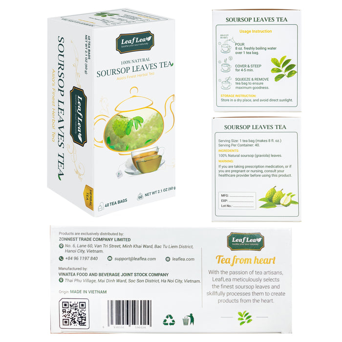 LeafLea Premium Soursop Leaf Tea Bags – Pure & Natural Graviola Tea, Hoja Guanabana Herbal Tea for Digestion Support, Nutrient-Rich, No Sugar, Caffeine-Free (40 Tea Bags)