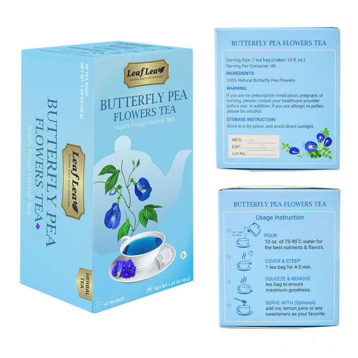 LeafLea Blue Butterfly Pea Flower Tea Bags – Herbal Blue Pea Tea for Relaxation, Mocktails & Natural Food Coloring, Caffeine-Free, Sugar-Free (40 Bags)