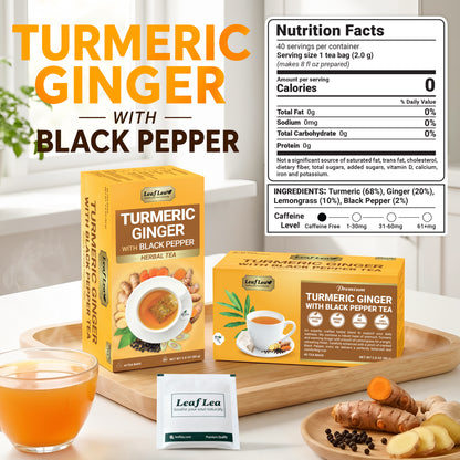 LeafLea Turmeric Ginger with Black Pepper Tea Bags, Individually Wrapped for Freshness, Natural Herbal Blend for Immunity, Joint & Digestion, Caffeine Free, Vegan, No Sugar