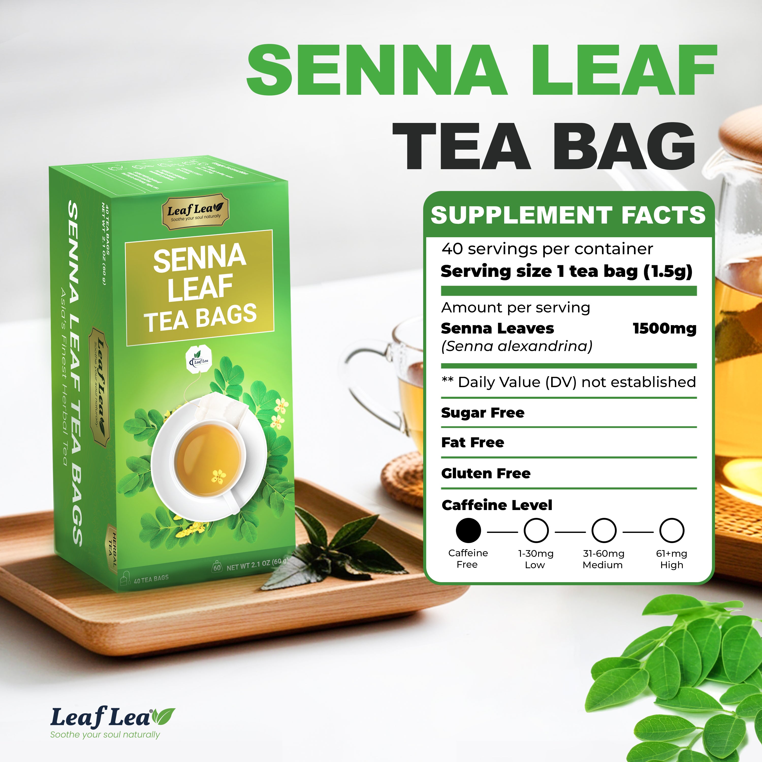 LeafLea Senna Leaf Tea Bags  –  Naturally Smooth & Gentle Herbal Brew