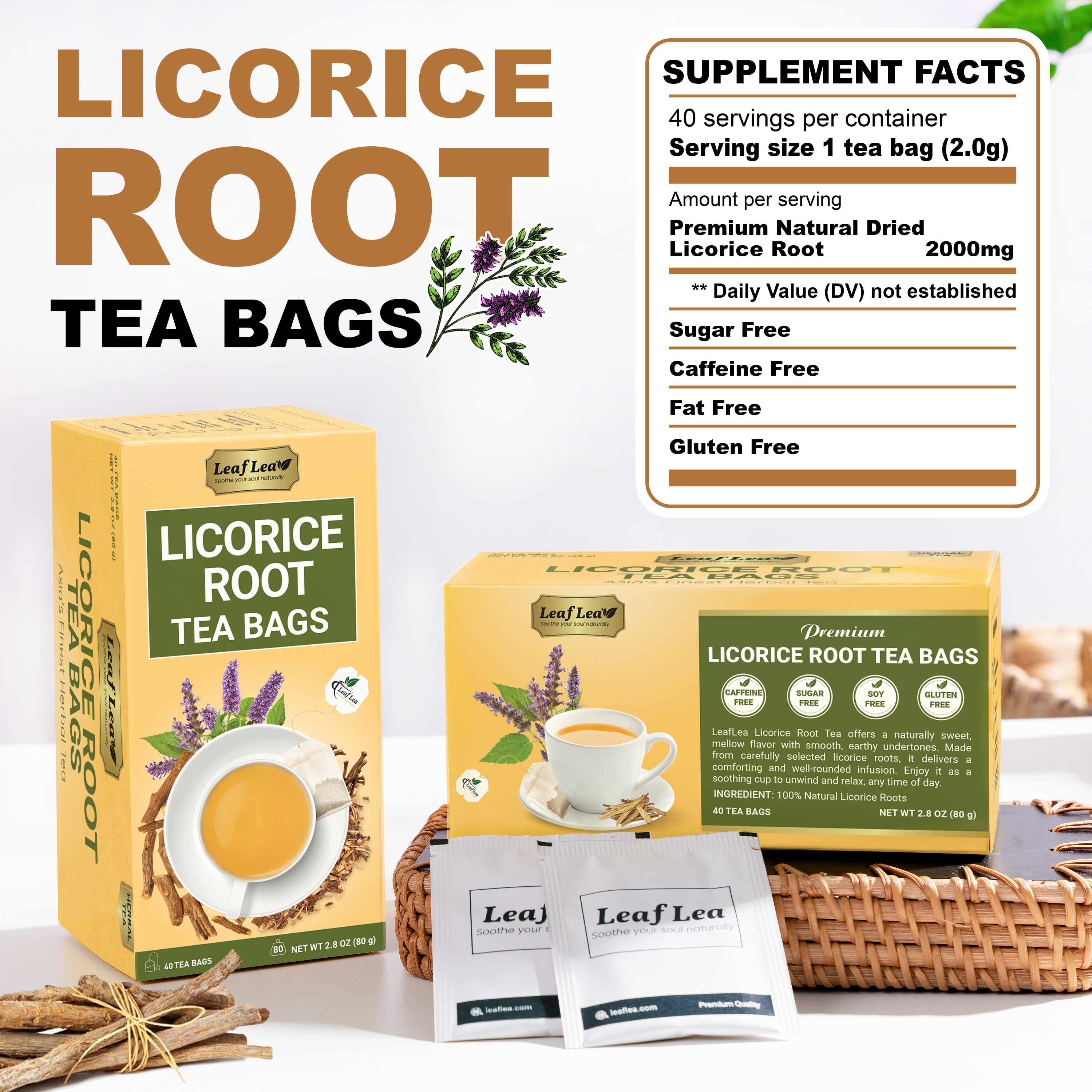 LeafLea Licorice Root Tea Bags - Pure Licorice Spice Tea, Herbal Infusion, Te De Regaliz, Caffeine-Free, Sugar-Free