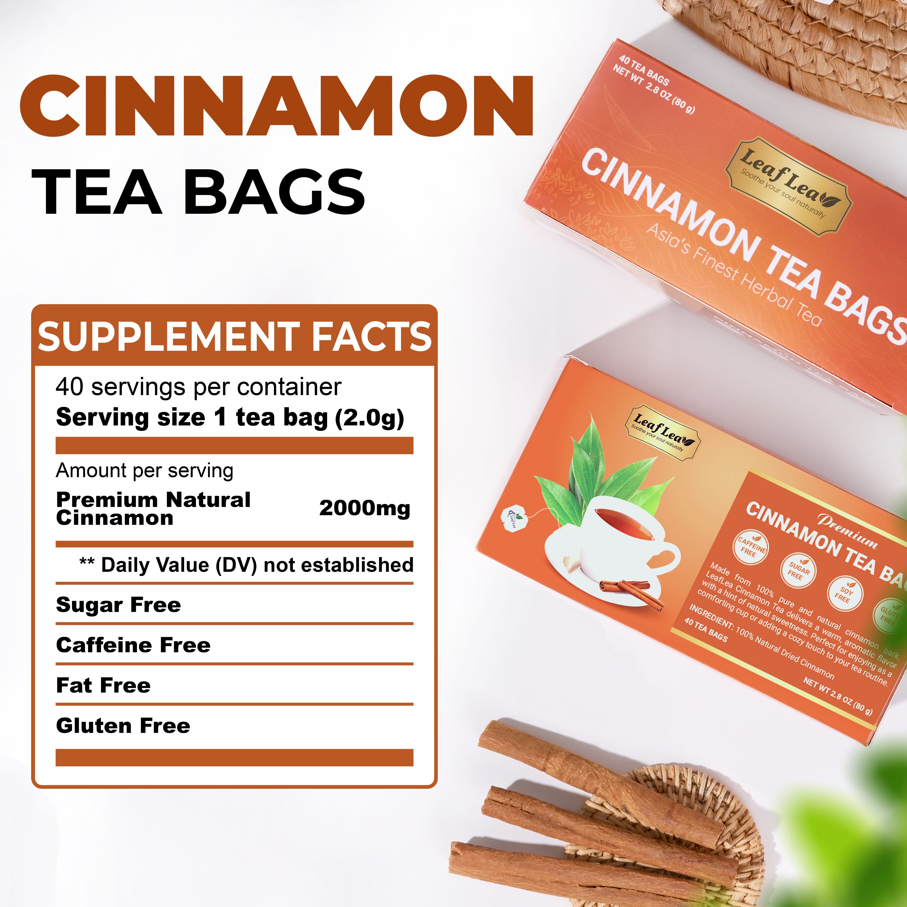 LeafLea 40 Cinnamon Tea Bags - Hot Spiced Cinnamon Tea Bags for Relaxation