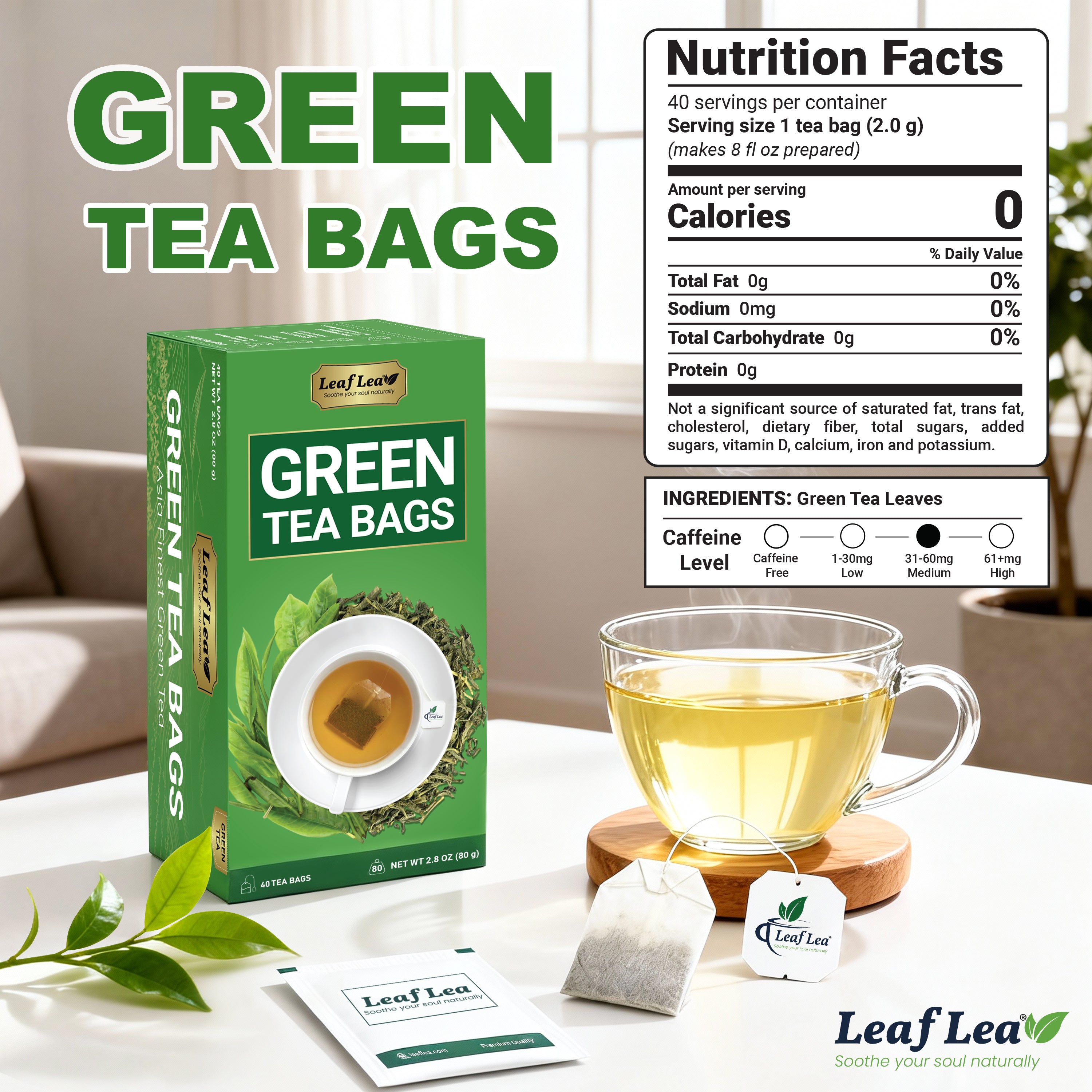 LeafLea Green Tea Bags, 100% Natural & Pure from Green Tea Leaves, Smooth & Refreshing, Everyday Wellness with Natural Caffeine Content
