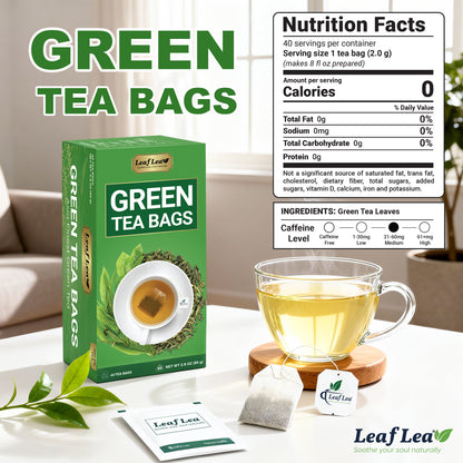 LeafLea Green Tea Bags, 100% Natural & Pure from Green Tea Leaves, Smooth & Refreshing, Everyday Wellness with Natural Caffeine Content