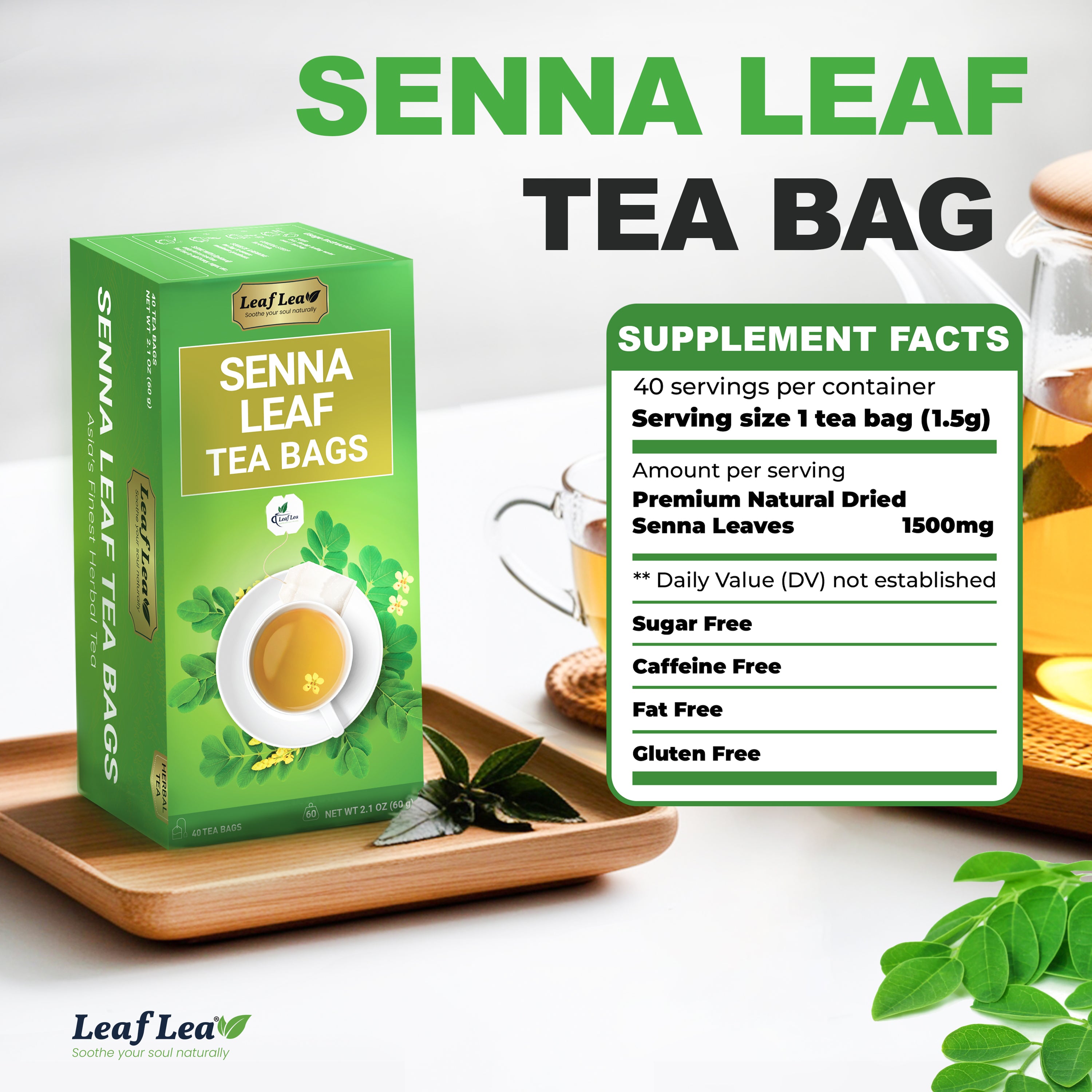 LeafLea Senna Leaf Tea Bags  –  Naturally Smooth & Gentle Herbal Brew