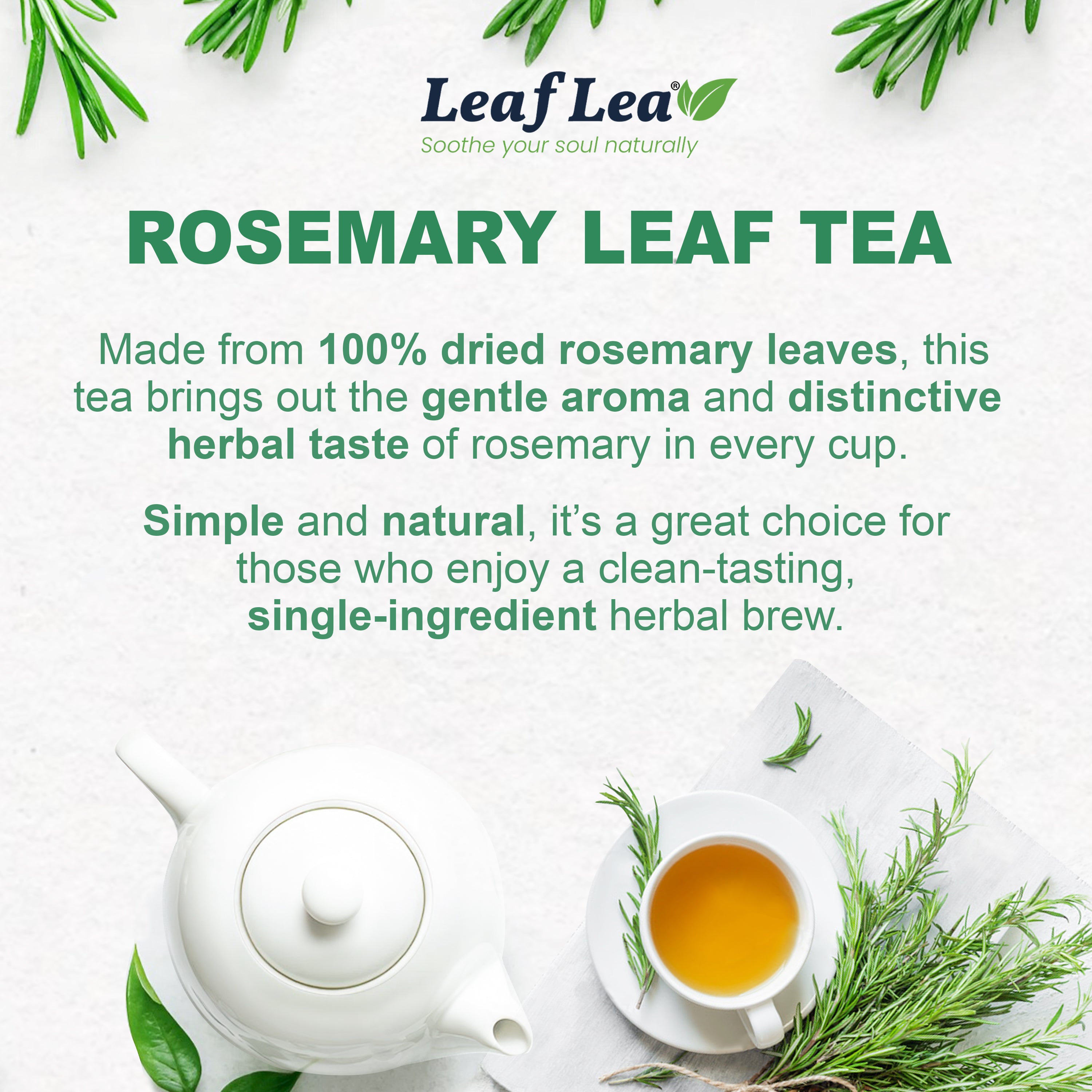 LeafLea Rosemary Tea Bags - Natural Rosemary Leaves, Te De Romero Earthy Taste & Light Aroma, Caffeine-Free, Sugar-Free