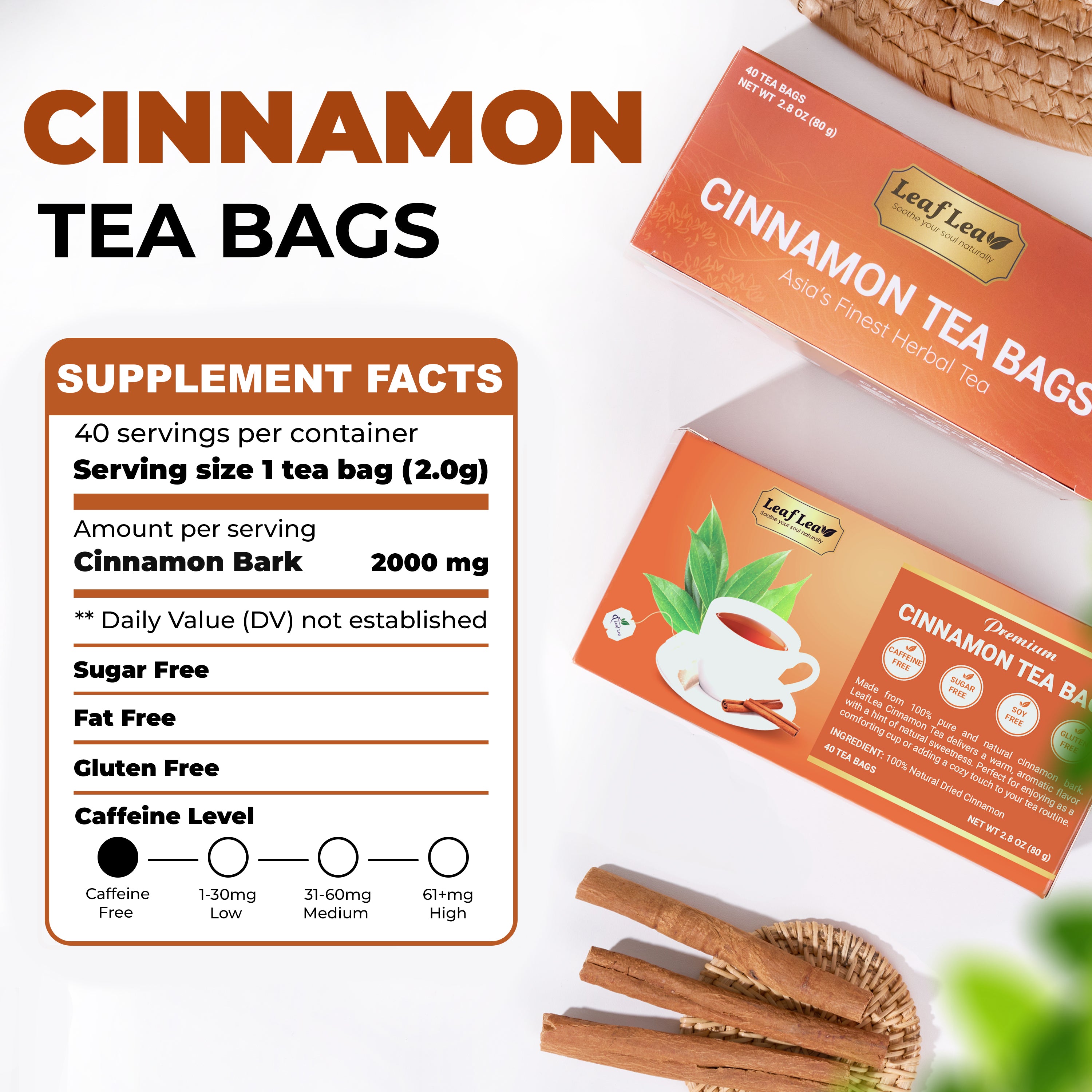 LeafLea 40 Cinnamon Tea Bags - Hot Spiced Cinnamon Tea Bags for Relaxation