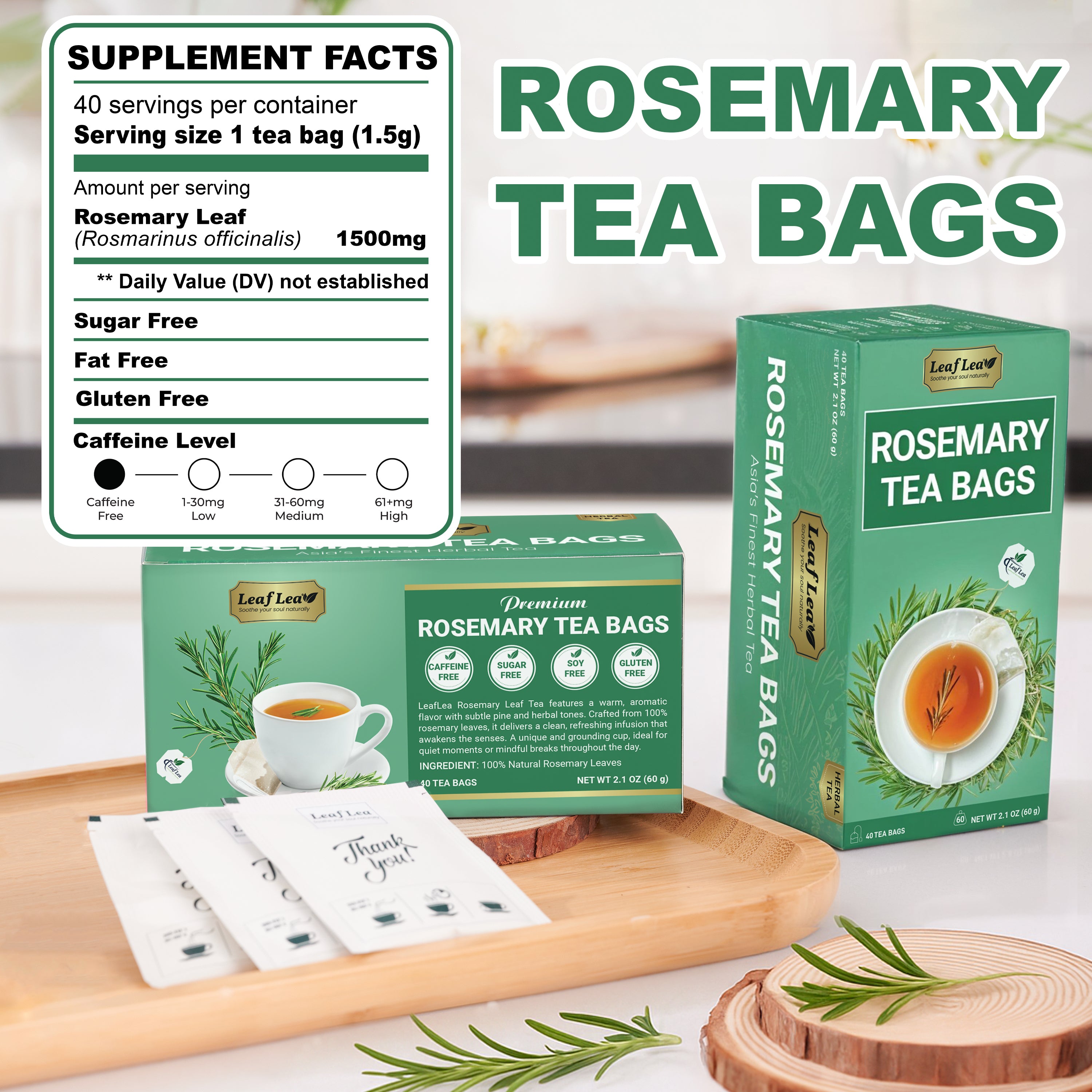 LeafLea Rosemary Tea Bags - Natural Rosemary Leaves, Te De Romero Earthy Taste & Light Aroma, Caffeine-Free, Sugar-Free
