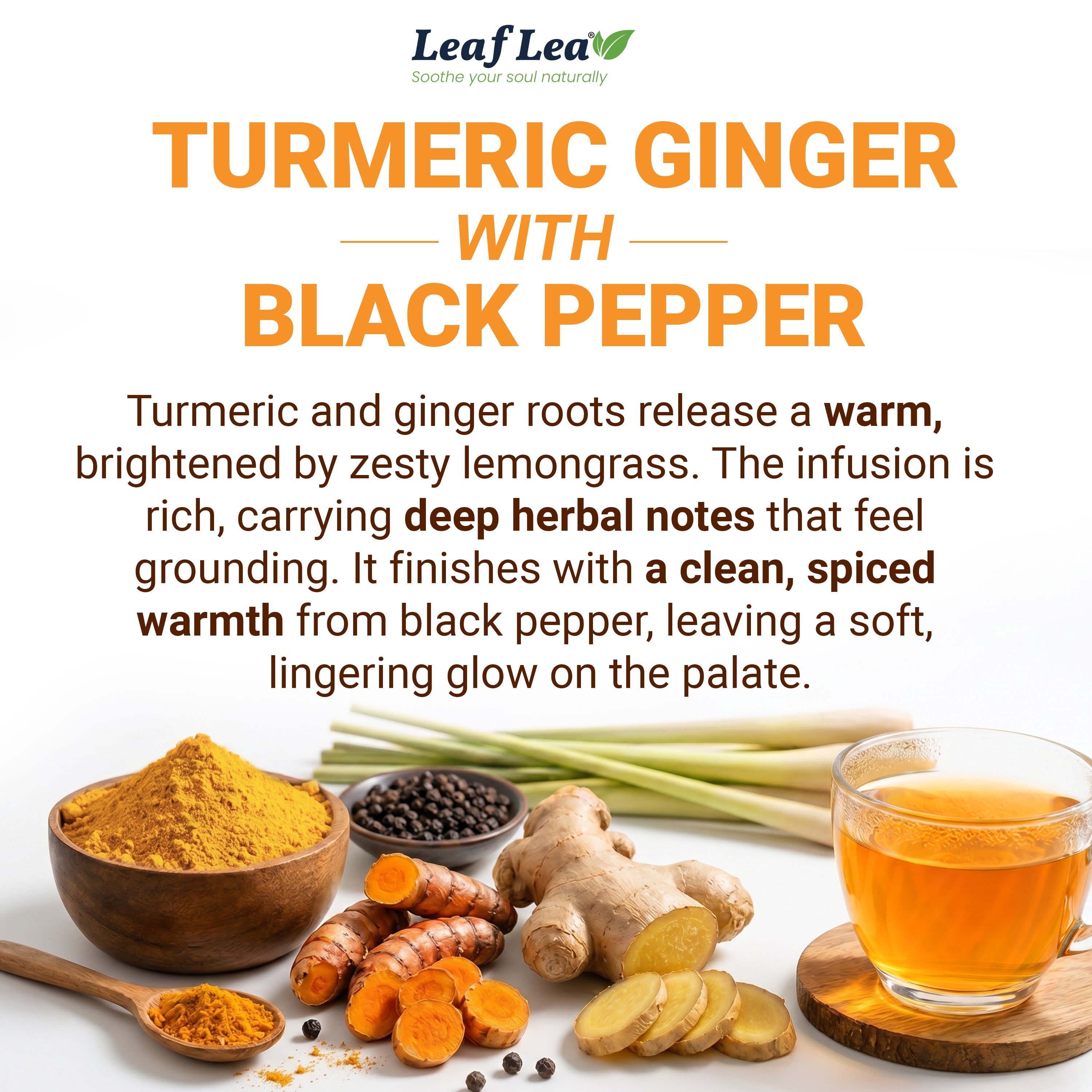 LeafLea Turmeric Ginger with Black Pepper Tea Bags, Individually Wrapped for Freshness, Natural Herbal Blend for Immunity, Joint & Digestion, Caffeine Free, Vegan, No Sugar